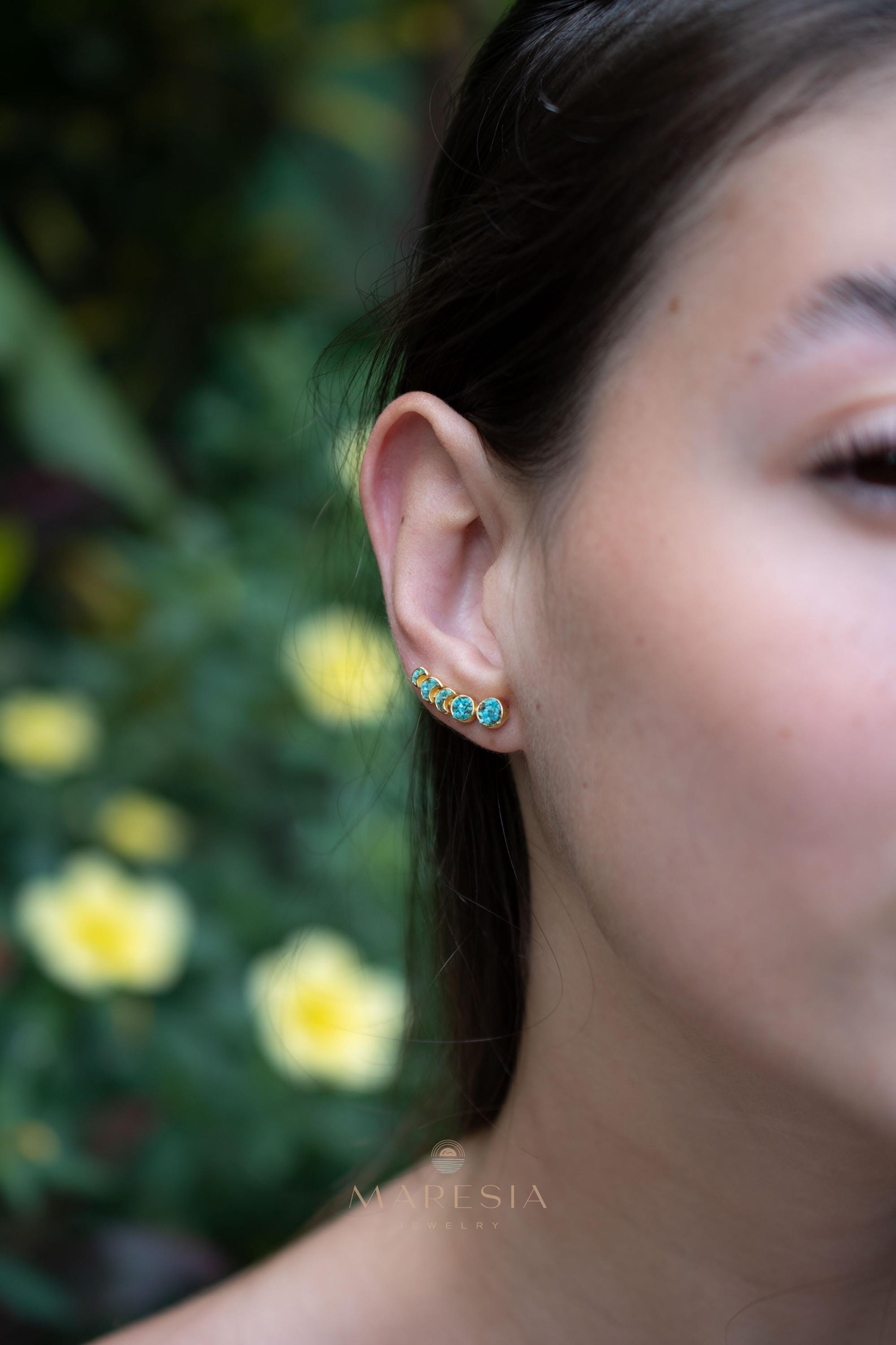 Crushed Turquoise Ear Climber Earrings ~ Stud~Jewelry~ 18k Gold Plated ~ Natural ~ Minimalist Everyday ~ Gift for Her ~ Boho ~ Hippie ~ME058