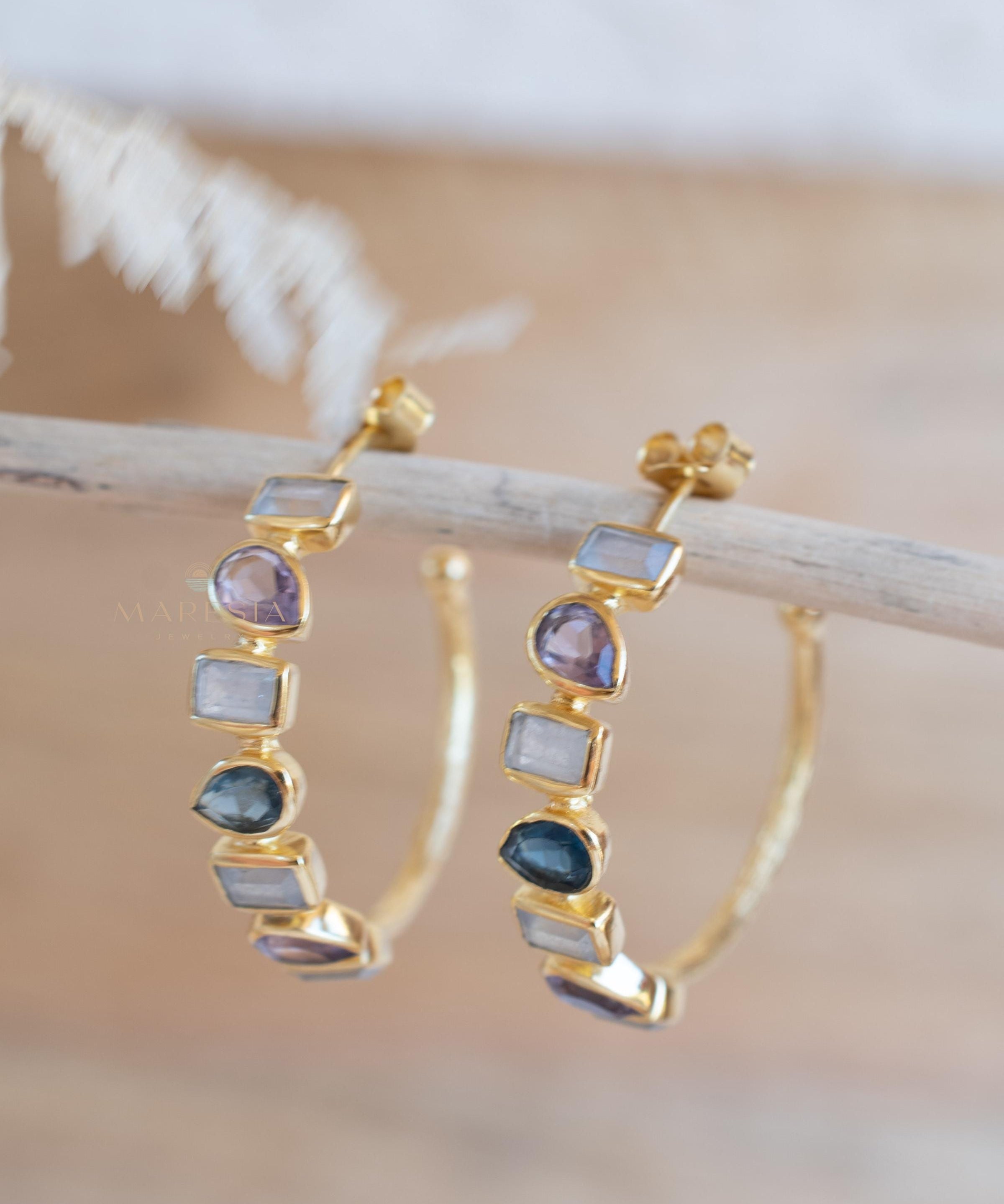 Moonstone, Amethyst hydro and Iolite hydro~ Hoop Earrings 18k Gold Plated Earrings ~Post ~Boho~Handmade~Delicate~ Everyday Jewelry ME153