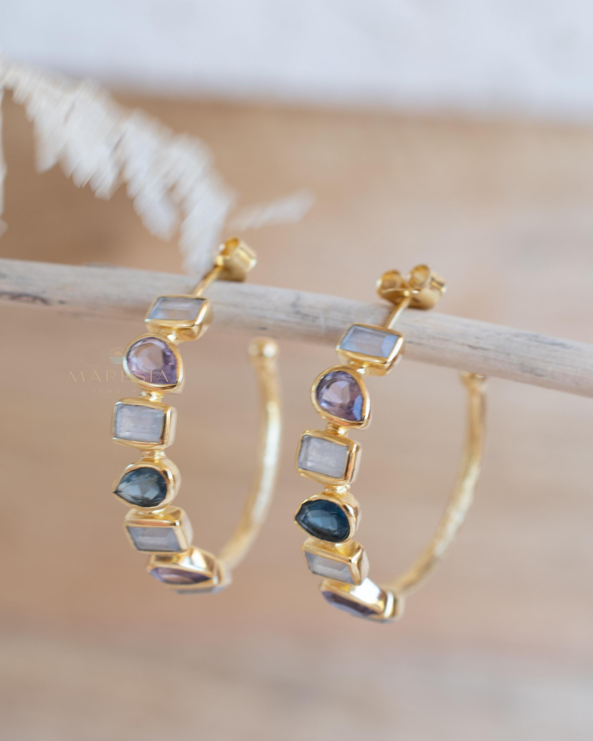 Moonstone, Amethyst hydro and Iolite hydro~ Hoop Earrings 18k Gold Plated Earrings ~Post ~Boho~Handmade~Delicate~ Everyday Jewelry ME153
