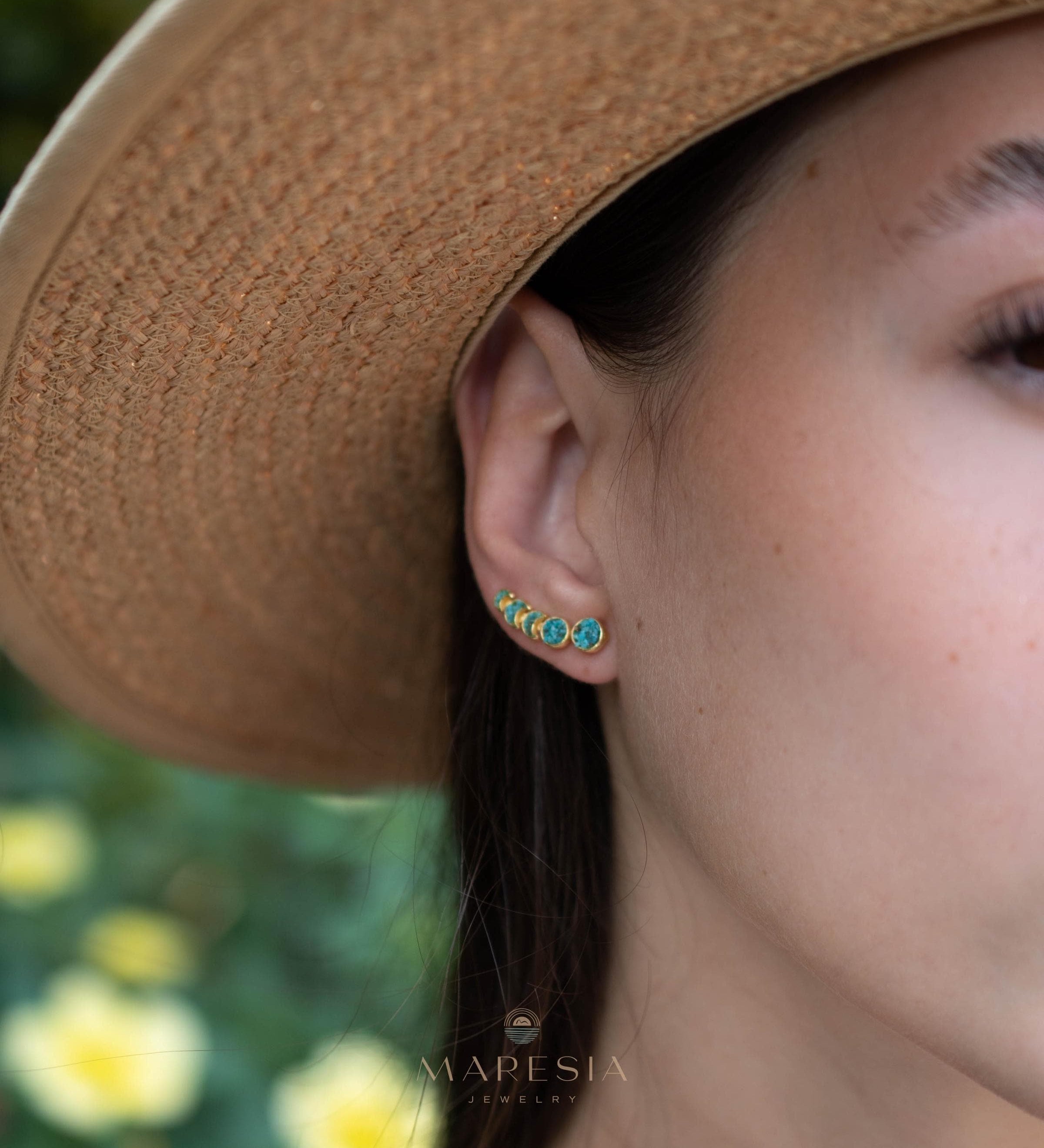 Crushed Turquoise Ear Climber Earrings ~ Stud~Jewelry~ 18k Gold Plated ~ Natural ~ Minimalist Everyday ~ Gift for Her ~ Boho ~ Hippie ~ME058