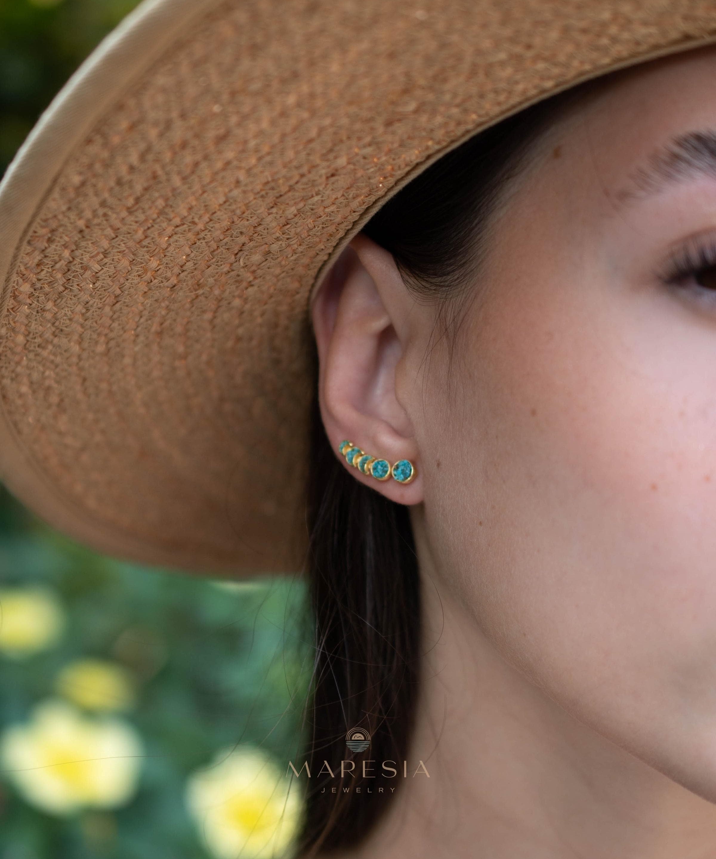 Crushed Turquoise Ear Climber Earrings ~ Stud~Jewelry~ 18k Gold Plated ~ Natural ~ Minimalist Everyday ~ Gift for Her ~ Boho ~ Hippie ~ME058