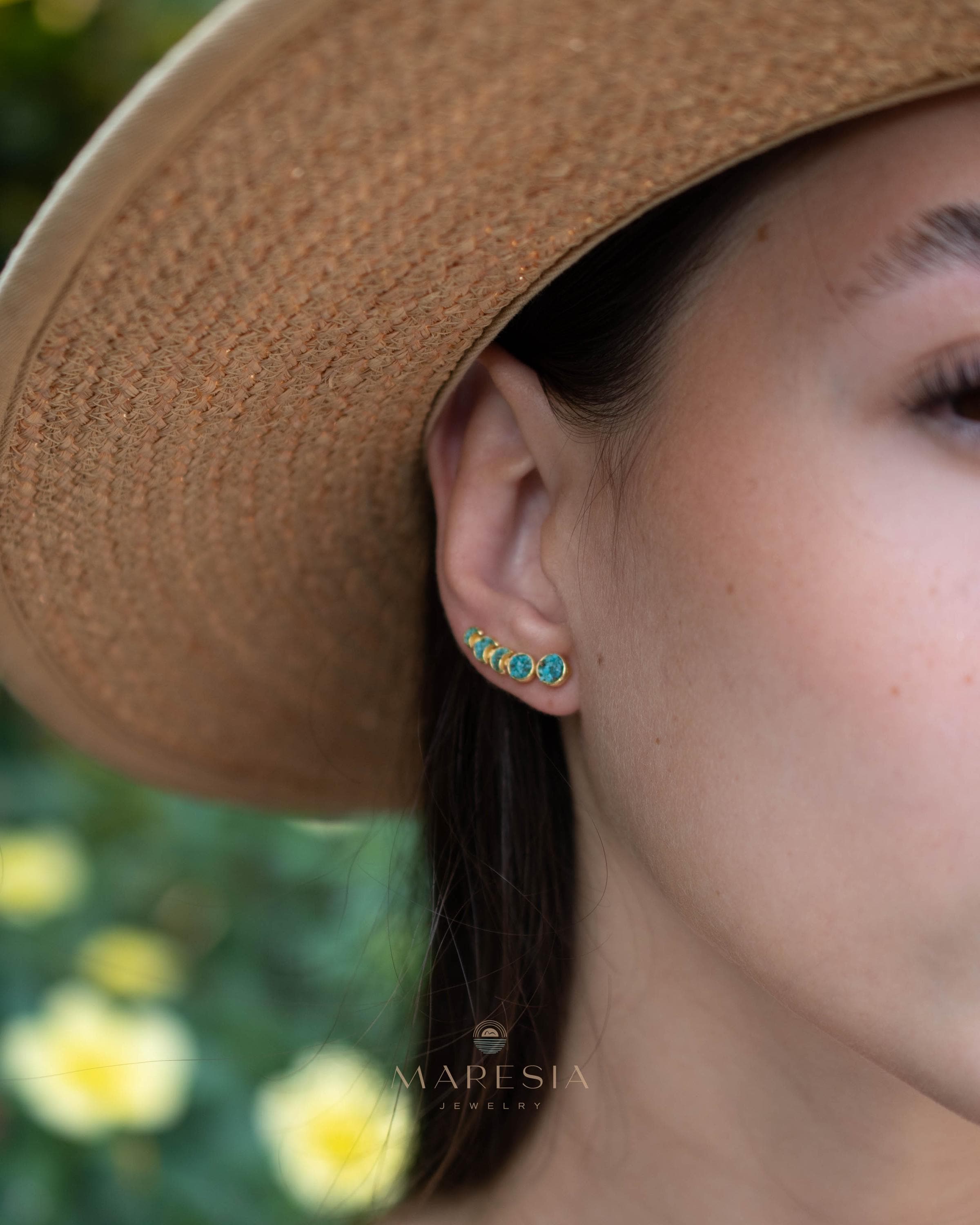 Crushed Turquoise Ear Climber Earrings ~ Stud~Jewelry~ 18k Gold Plated ~ Natural ~ Minimalist Everyday ~ Gift for Her ~ Boho ~ Hippie ~ME058