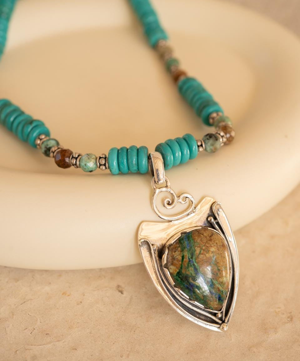 Azurite and Chrysocolla Pendant, African Turquoise beads necklace~ Sterling Silver 925 ~ Jewelry ~ Gift For Her ~ Minimalist~ Handmade~ MN