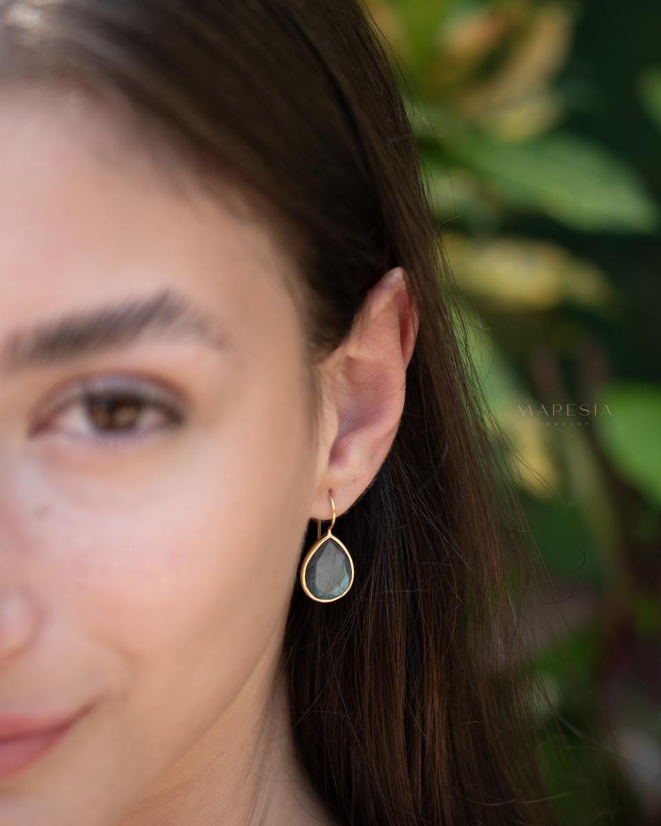 Labradorite Tear Drop Earrings ~ 18k Gold Plated ~ Minimalist Everyday ~ Gift for Her ~ Boho ~ ME108