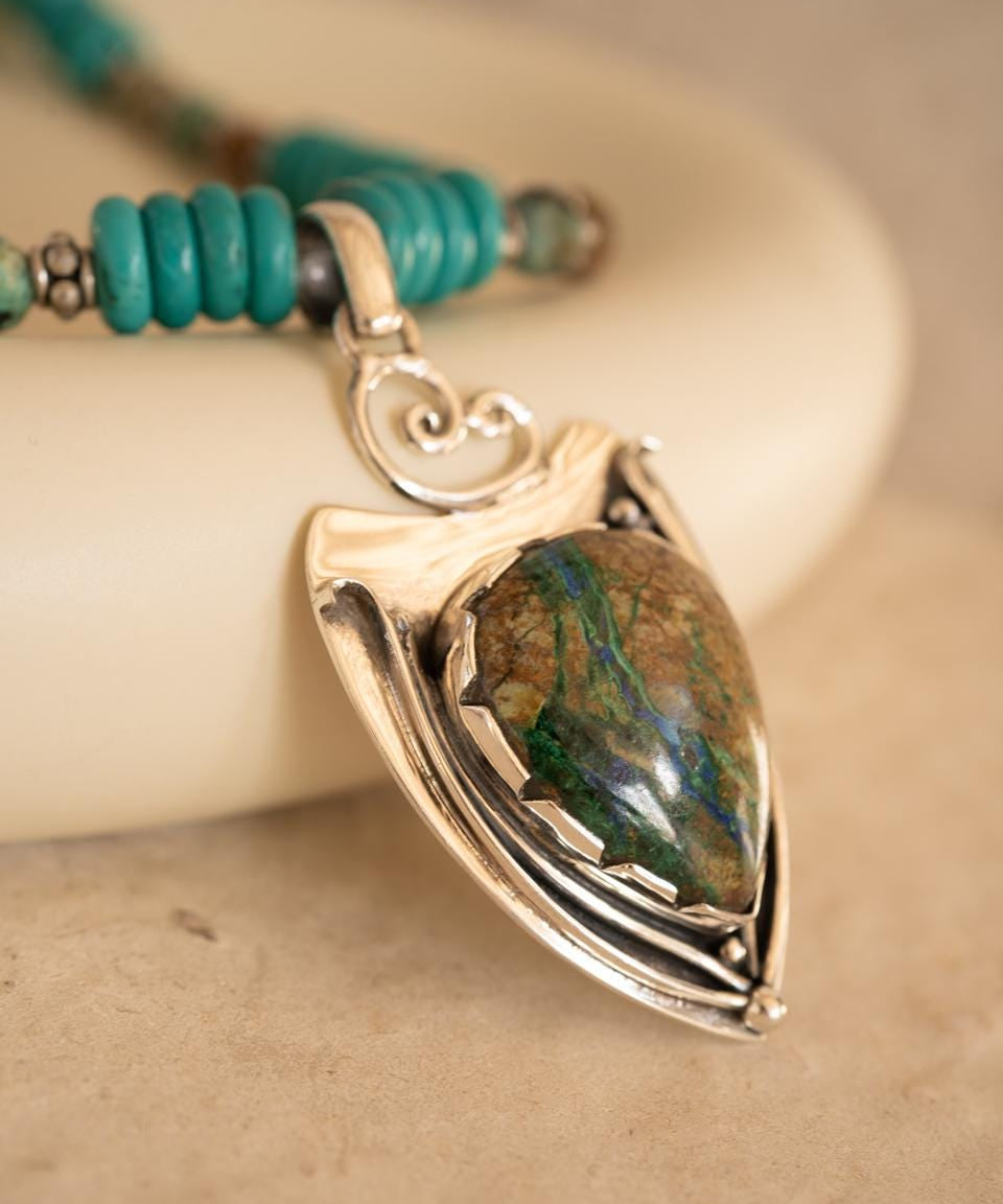 Azurite and Chrysocolla Pendant, African Turquoise beads necklace~ Sterling Silver 925 ~ Jewelry ~ Gift For Her ~ Minimalist~ Handmade~ MN