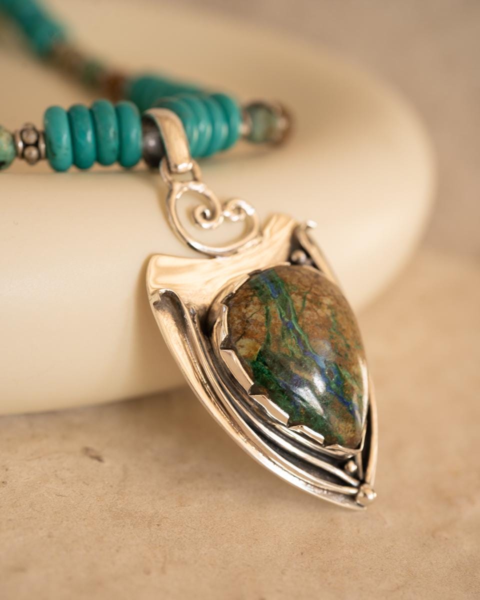 Azurite and Chrysocolla Pendant, African Turquoise beads necklace~ Sterling Silver 925 ~ Jewelry ~ Gift For Her ~ Minimalist~ Handmade~ MN