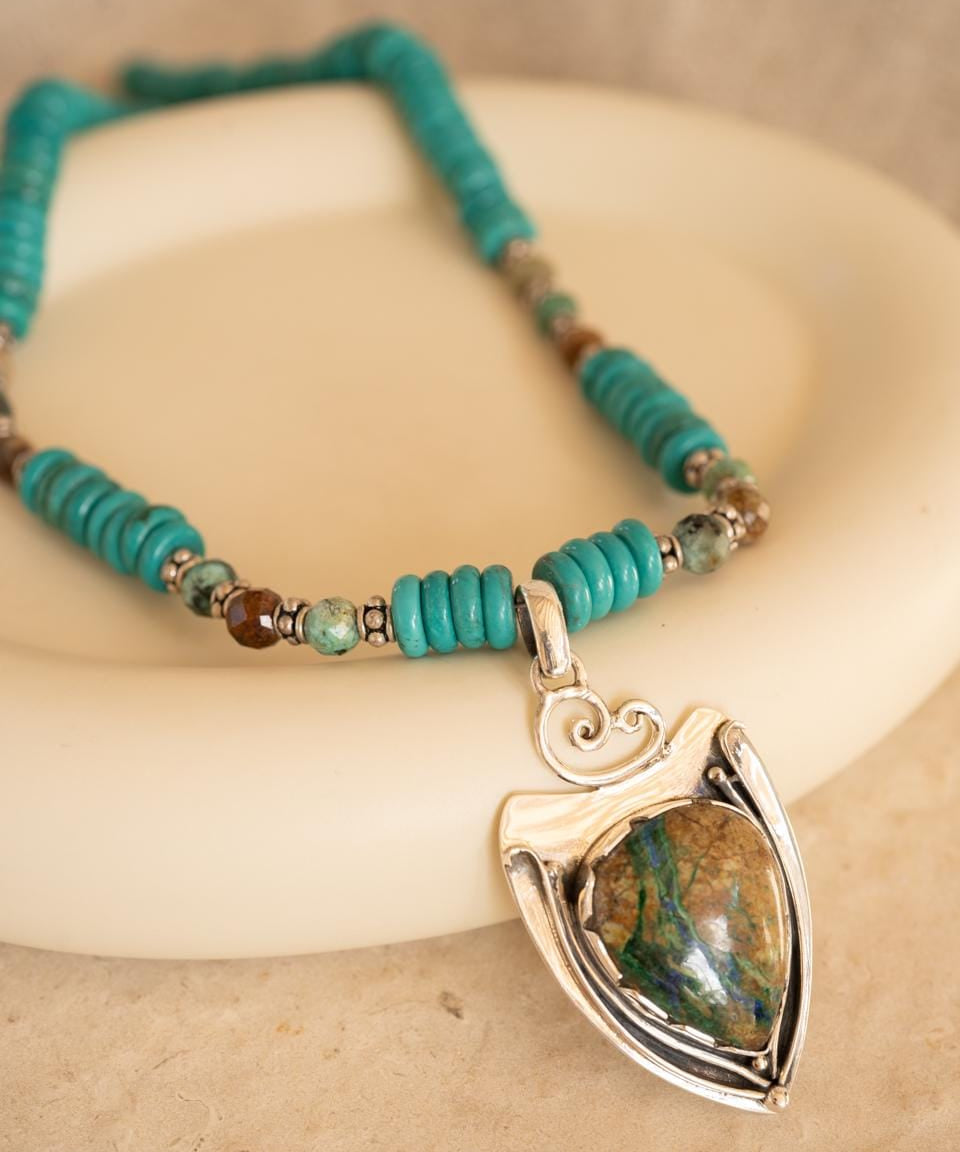 Azurite and Chrysocolla Pendant, African Turquoise beads necklace~ Sterling Silver 925 ~ Jewelry ~ Gift For Her ~ Minimalist~ Handmade~ MN
