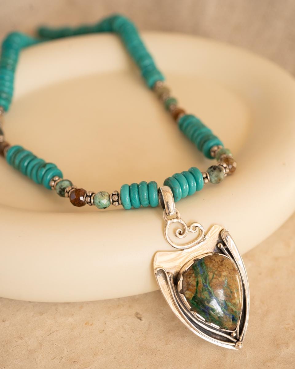 Azurite and Chrysocolla Pendant, African Turquoise beads necklace~ Sterling Silver 925 ~ Jewelry ~ Gift For Her ~ Minimalist~ Handmade~ MN
