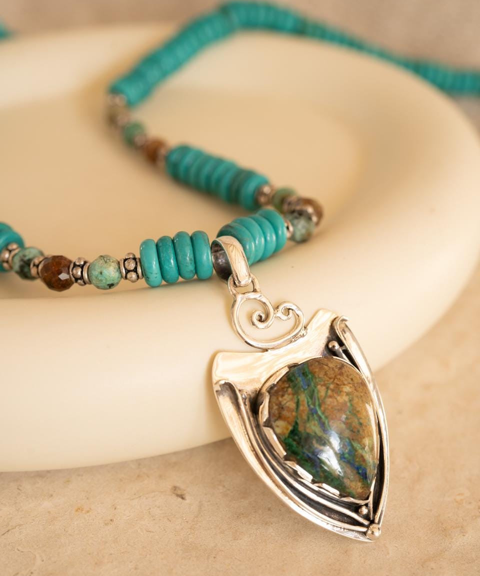 Azurite and Chrysocolla Pendant, African Turquoise beads necklace~ Sterling Silver 925 ~ Jewelry ~ Gift For Her ~ Minimalist~ Handmade~ MN