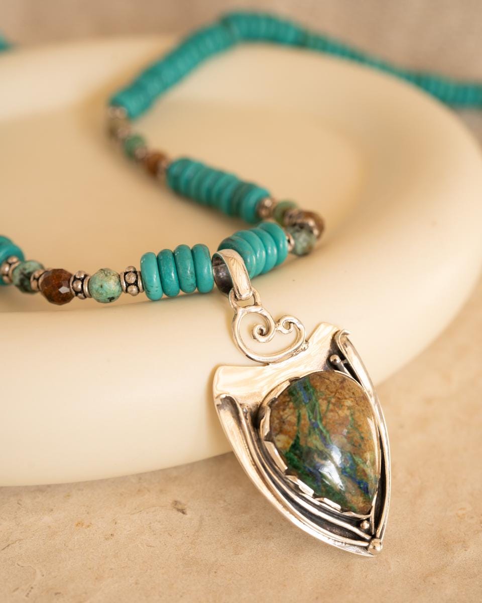 Azurite and Chrysocolla Pendant, African Turquoise beads necklace~ Sterling Silver 925 ~ Jewelry ~ Gift For Her ~ Minimalist~ Handmade~ MN