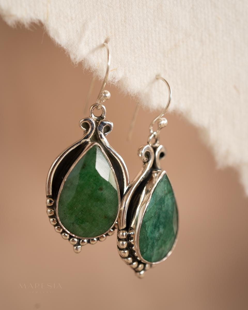 Delicate Emerald Earrings ~ Sterling Silver 925 ~ Gemstone ~ Dangle ~Handmade ~ Jewelry ~ Gift For Her ~ Maresia ME081