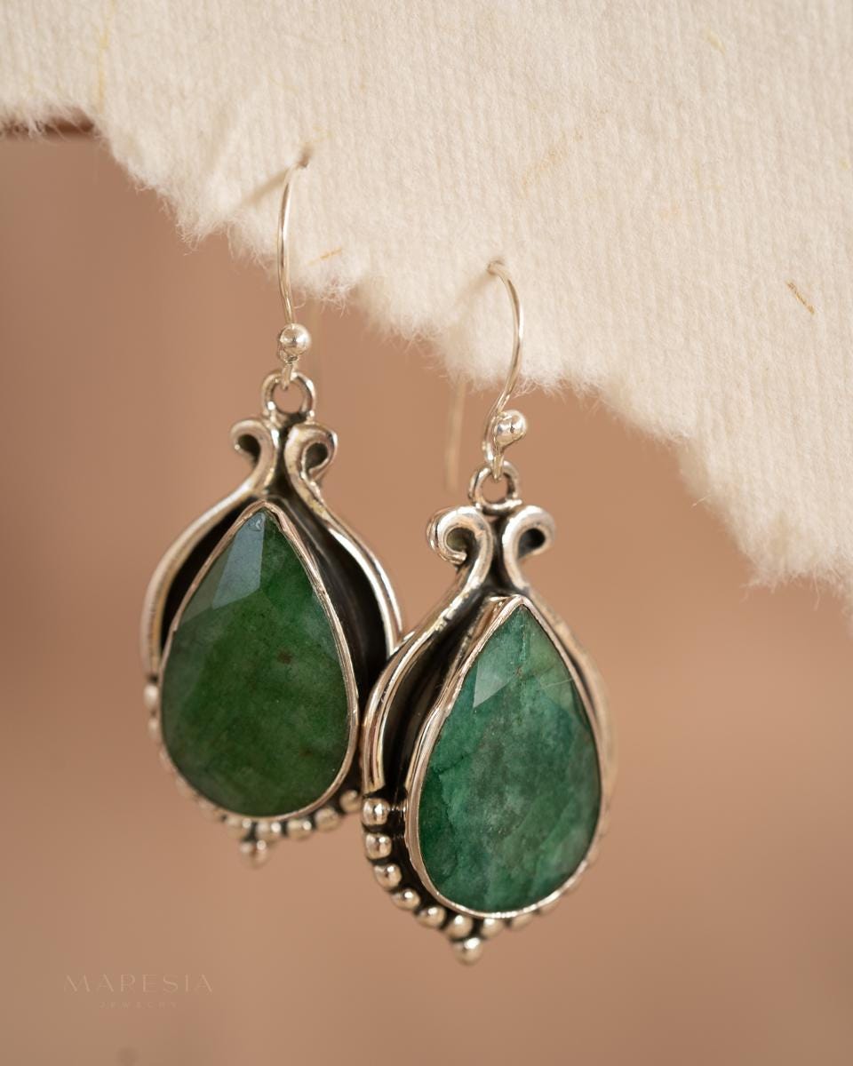Delicate Emerald Earrings ~ Sterling Silver 925 ~ Gemstone ~ Dangle ~Handmade ~ Jewelry ~ Gift For Her ~ Maresia ME081