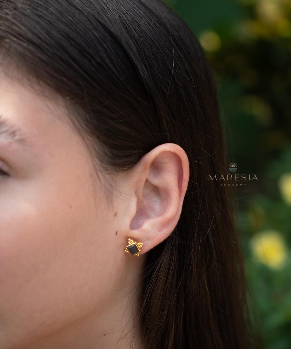 Labradorite Earrings ~ Stud ~ Jewelry ~ 18k Gold Plated ~ Natural ~ Minimalist Everyday ~ Gift for Her ~ Boho ~ Hippie ~ ME084