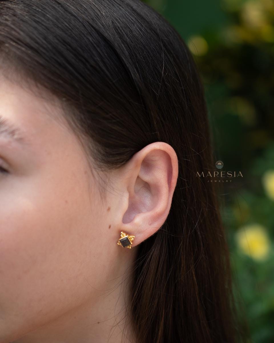 Labradorite Earrings ~ Stud ~ Jewelry ~ 18k Gold Plated ~ Natural ~ Minimalist Everyday ~ Gift for Her ~ Boho ~ Hippie ~ ME084