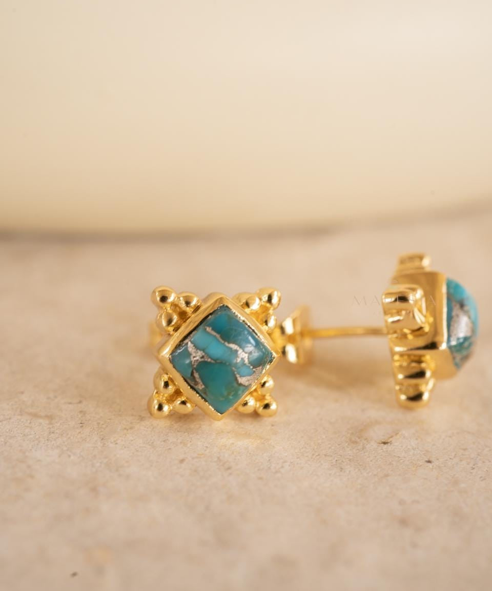 Copper Turquoise Earrings ~ Stud ~ Jewelry ~ 18k Gold Plated ~ Natural ~ Minimalist Everyday ~ Gift for Her ~ Boho ~ Hippie ~ ME085
