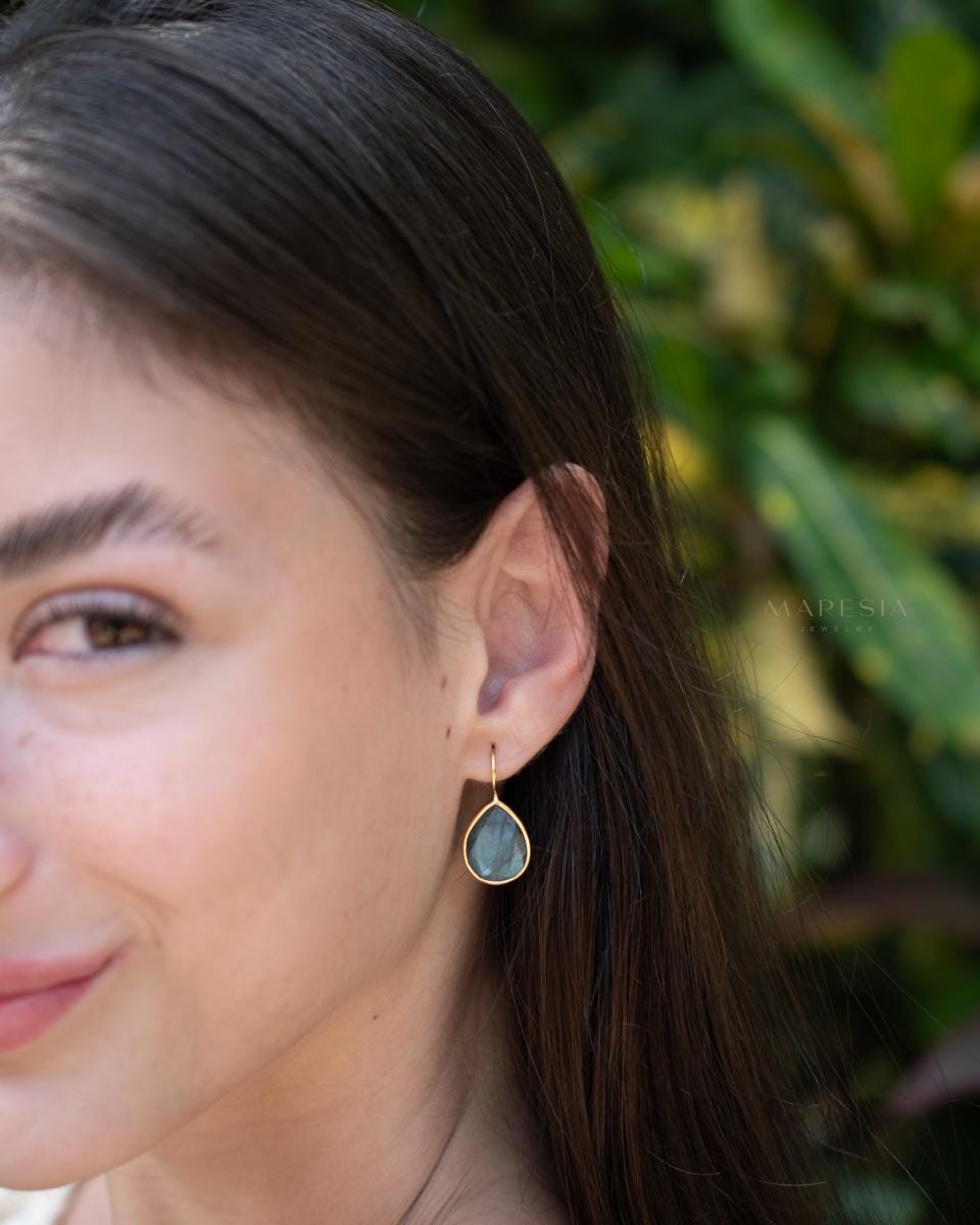Labradorite Tear Drop Earrings ~ 18k Gold Plated ~ Minimalist Everyday ~ Gift for Her ~ Boho ~ ME108