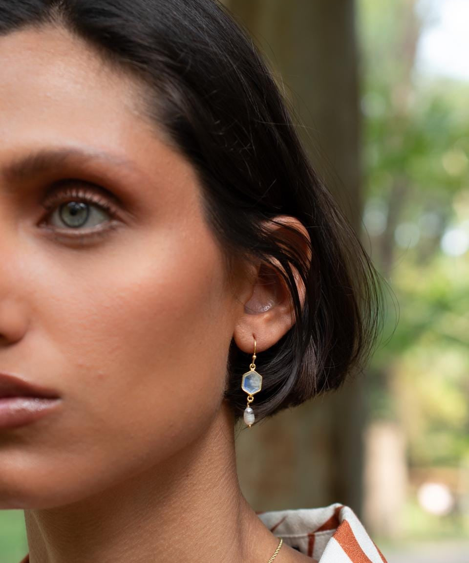 Moonstone & Fresh Water Pearl Tear Drop Earrings ~ Gold Plated ~Dangle ~ Jewelry ~ Organic ~ Everyday~ Delicate~ minimalist Boho ~ ME088