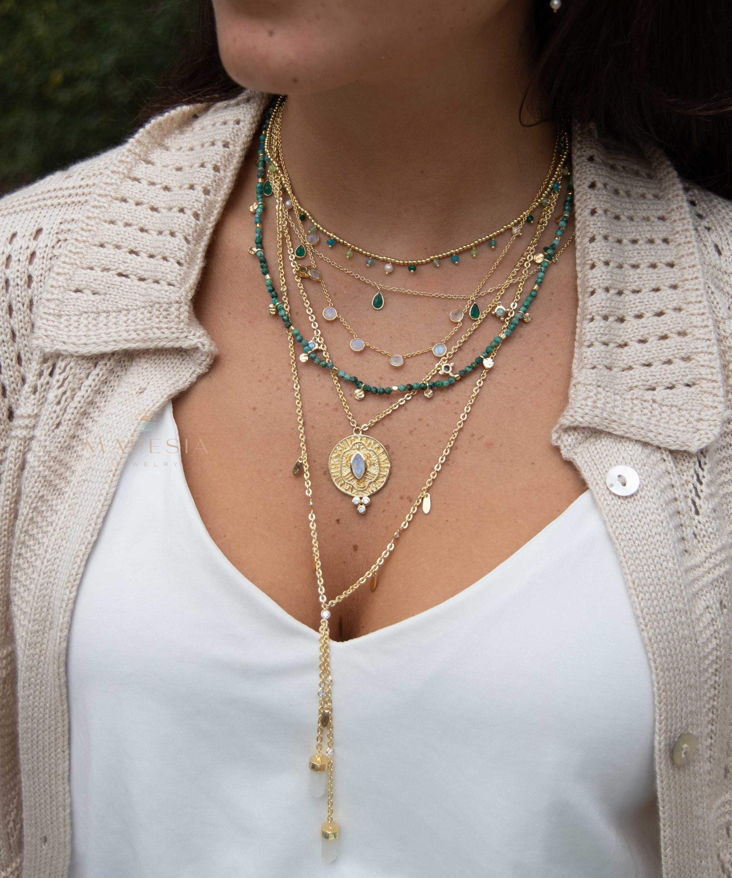 Moonstone, Labradorite & CZ Necklace ~ Charm ~ Gold plated 18k ~ Bohemian ~ Cubic zirconia ~ MN196