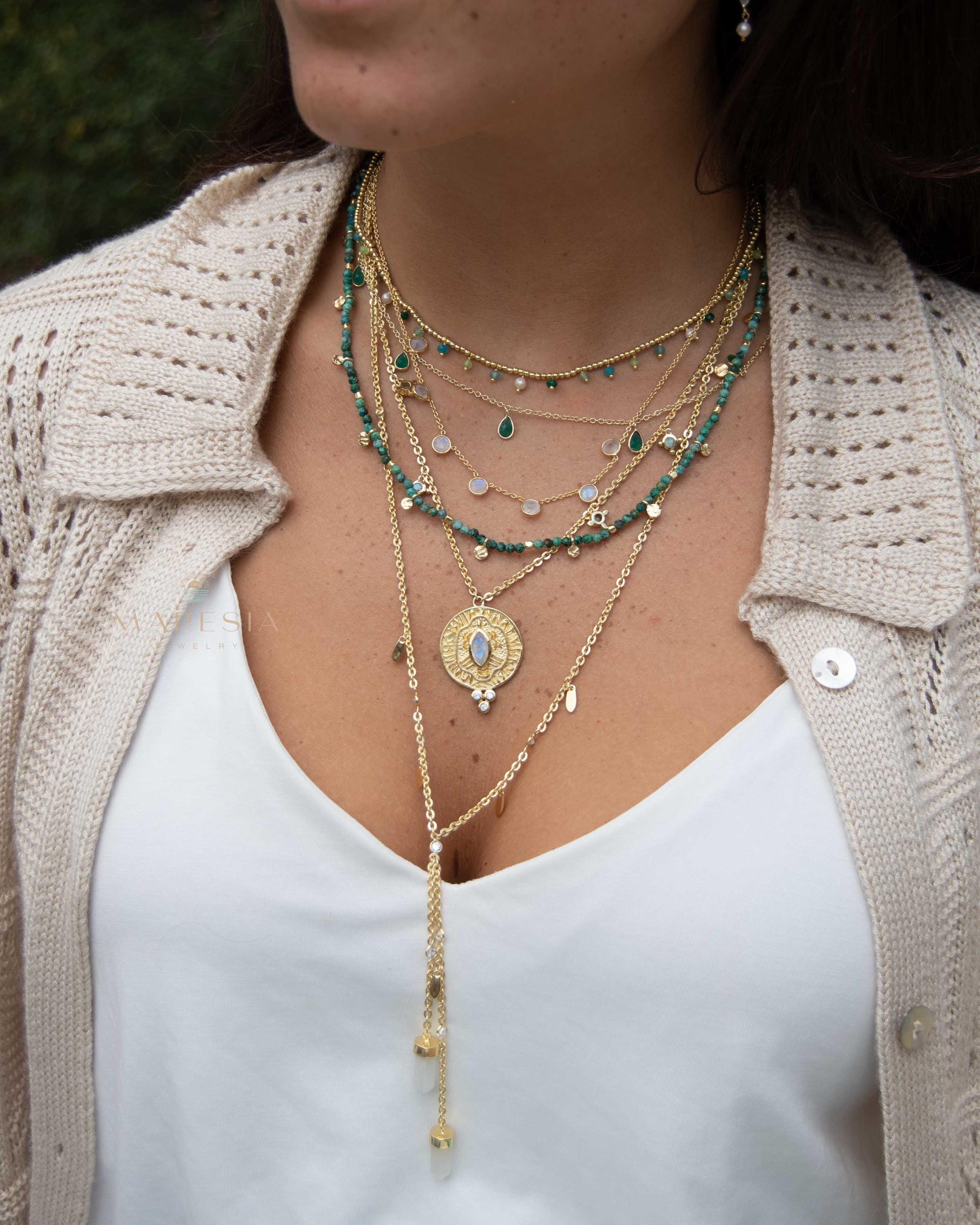 Moonstone, Labradorite & CZ Necklace ~ Charm ~ Gold plated 18k ~ Bohemian ~ Cubic zirconia ~ MN196