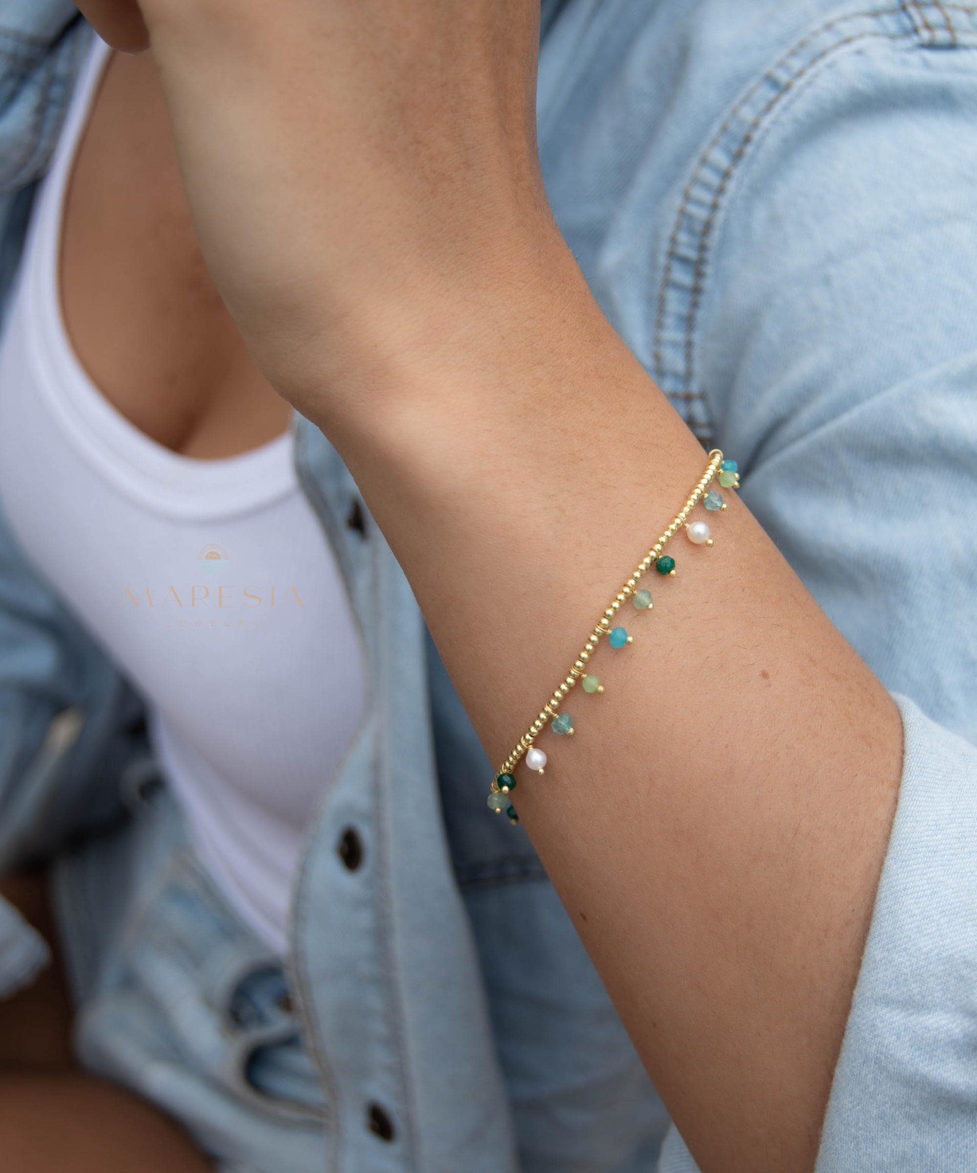 Light Green Jade, Emerald Jade, Pearl, Apatite jade, Prehnite jade & Neon apatite Bracelet ~ Gold Plated 18k Bohemian ~Stackable MB079