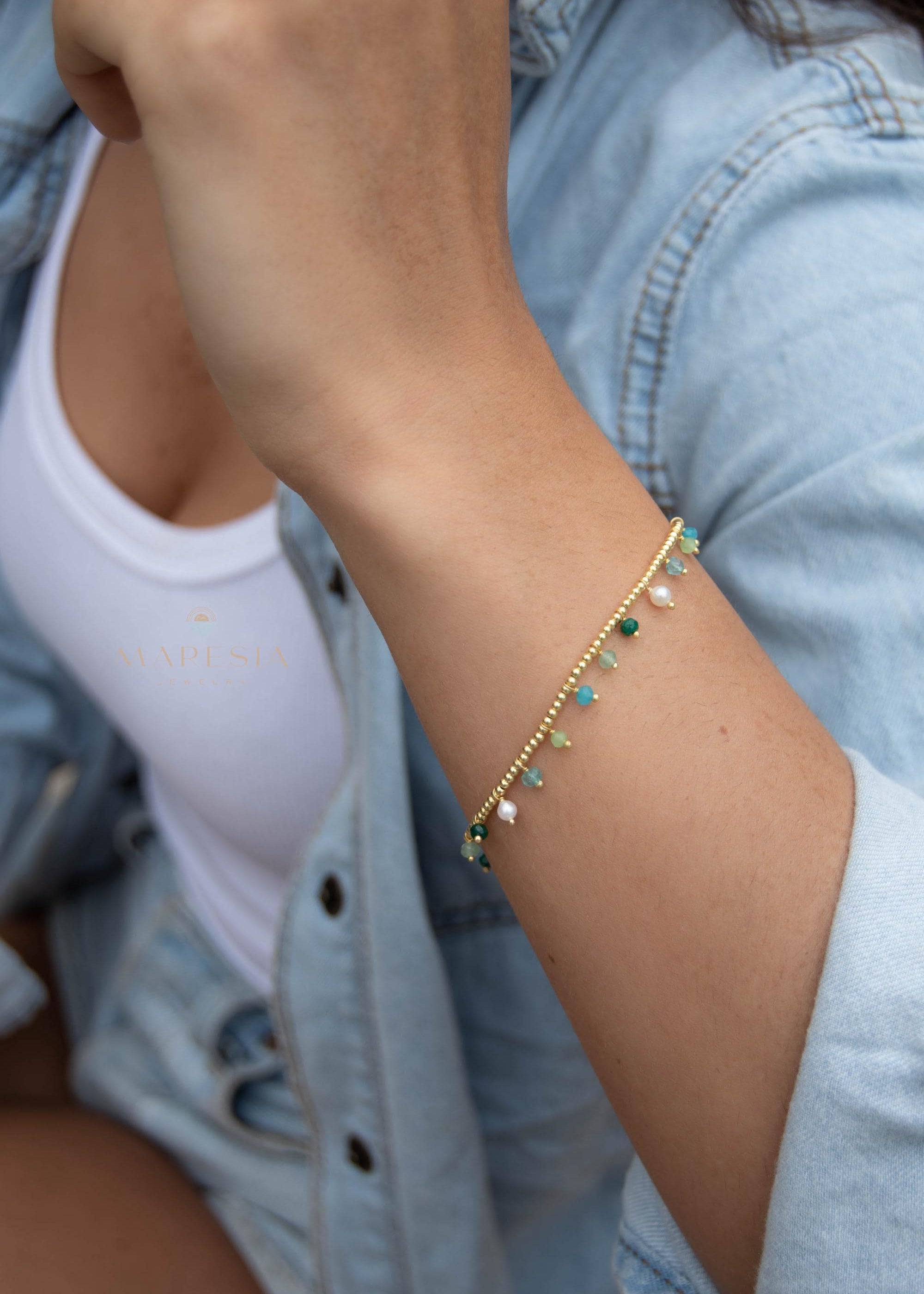 Light Green Jade, Emerald Jade, Pearl, Apatite jade, Prehnite jade & Neon apatite Bracelet ~ Gold Plated 18k Bohemian ~Stackable MB079