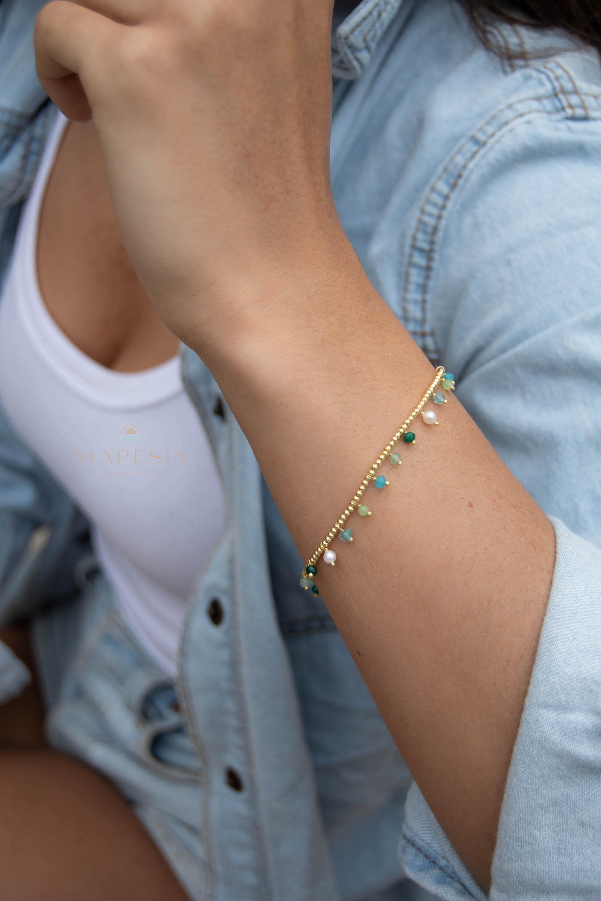 Light Green Jade, Emerald Jade, Pearl, Apatite jade, Prehnite jade & Neon apatite Bracelet ~ Gold Plated 18k Bohemian ~Stackable MB079