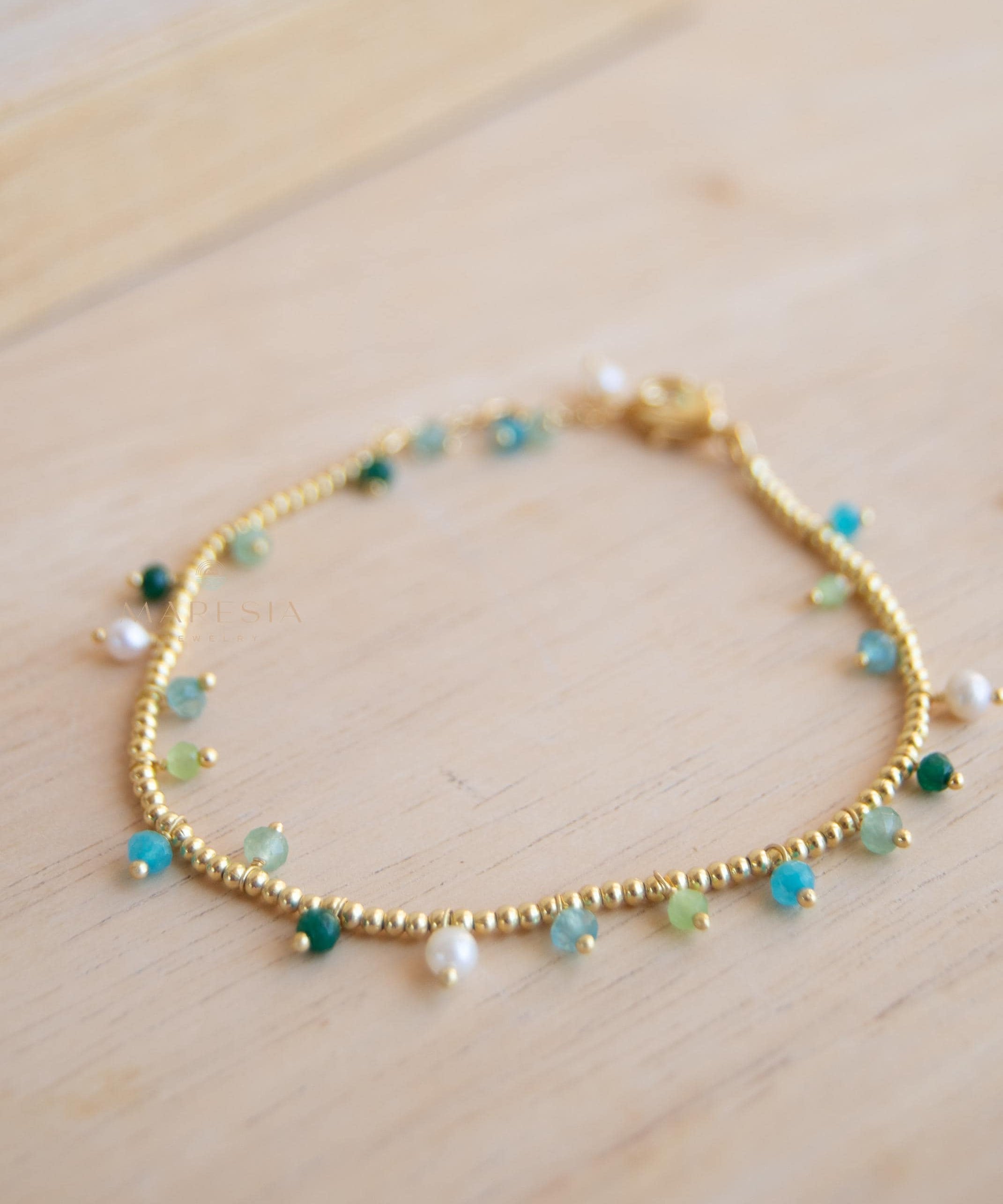 Light Green Jade, Emerald Jade, Pearl, Apatite jade, Prehnite jade & Neon apatite Bracelet ~ Gold Plated 18k Bohemian ~Stackable MB079