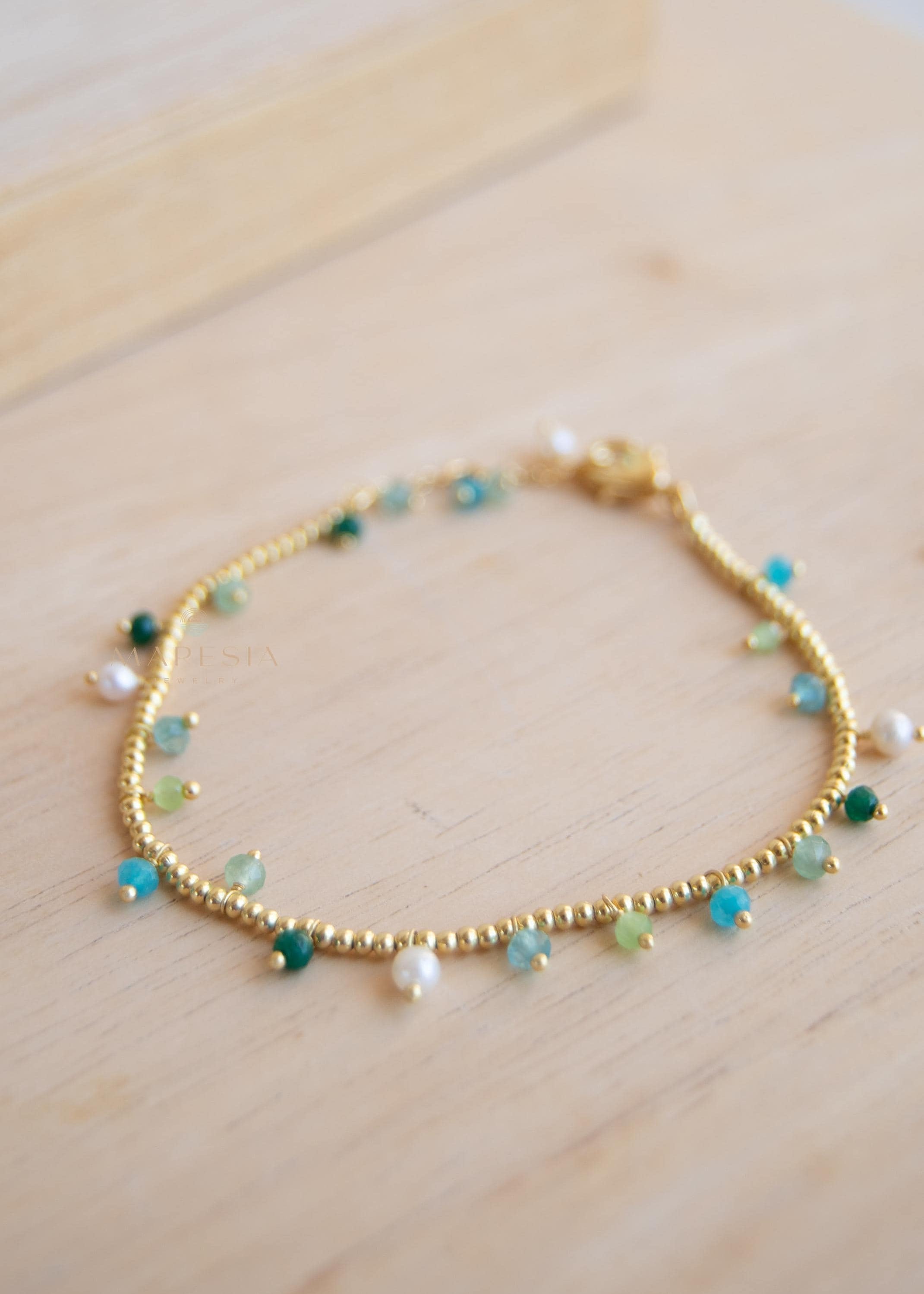 Light Green Jade, Emerald Jade, Pearl, Apatite jade, Prehnite jade & Neon apatite Bracelet ~ Gold Plated 18k Bohemian ~Stackable MB079