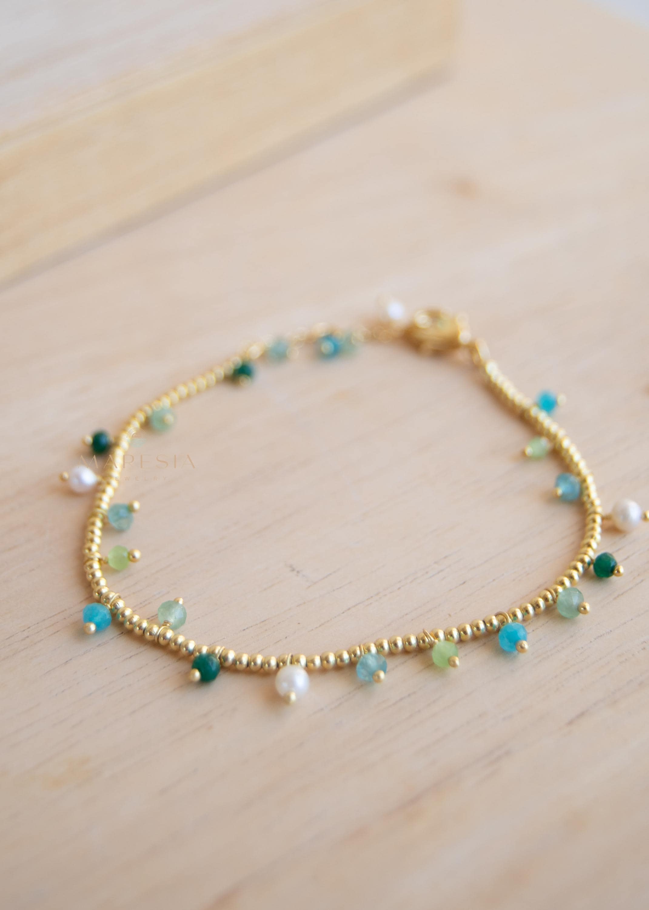 Light Green Jade, Emerald Jade, Pearl, Apatite jade, Prehnite jade & Neon apatite Bracelet ~ Gold Plated 18k Bohemian ~Stackable MB079