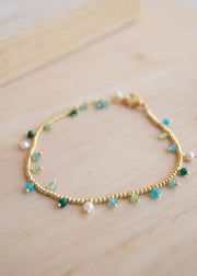 Light Green Jade, Emerald Jade, Pearl, Apatite jade, Prehnite jade & Neon apatite Bracelet ~ Gold Plated 18k Bohemian ~Stackable MB079