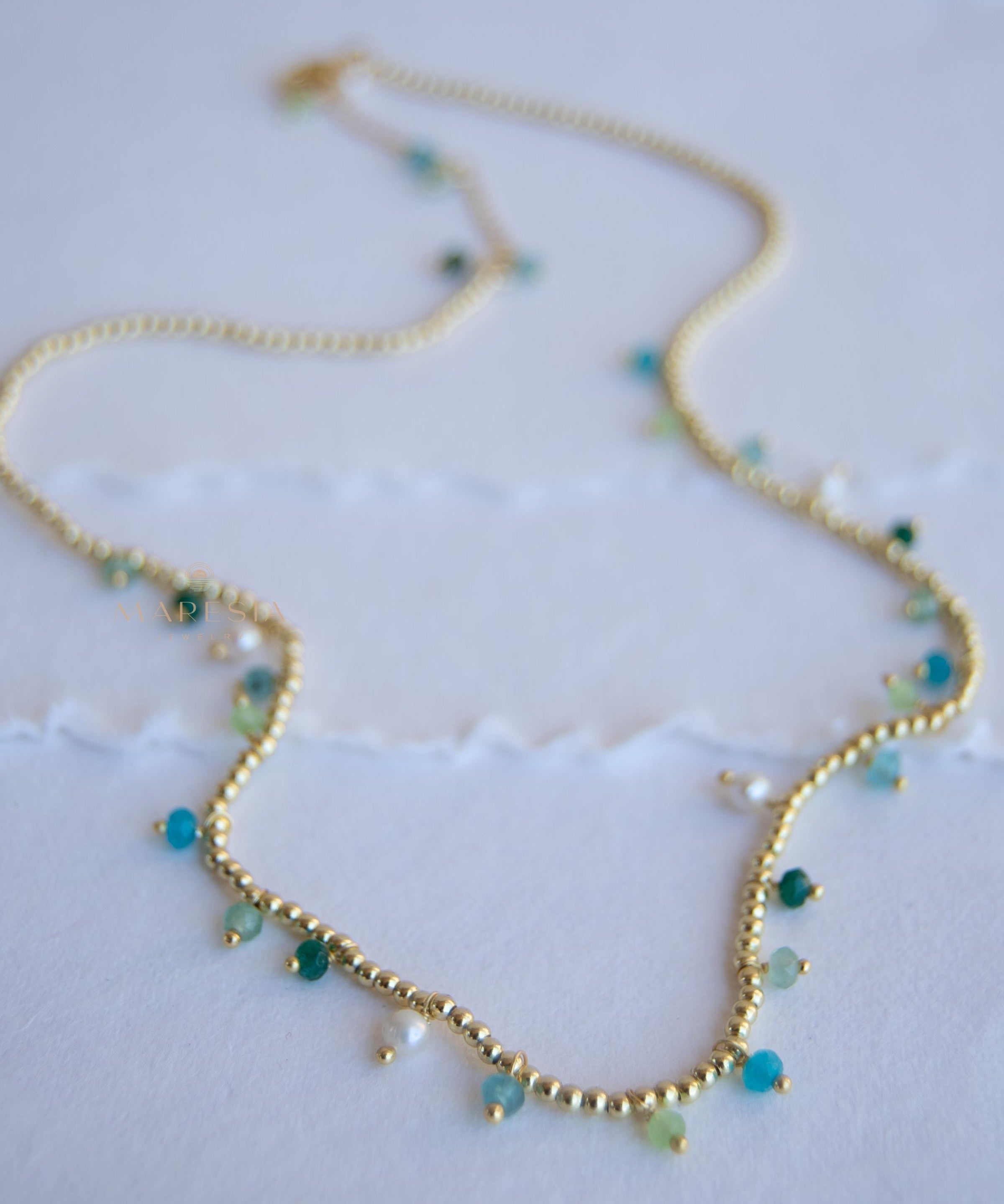 Light Green Jade, Emerald Jade, Pearl, Apatite jade, Prehnite jade & Neon apatite Necklace ~ Gold Plated 18k Bohemian ~Stackable MN198
