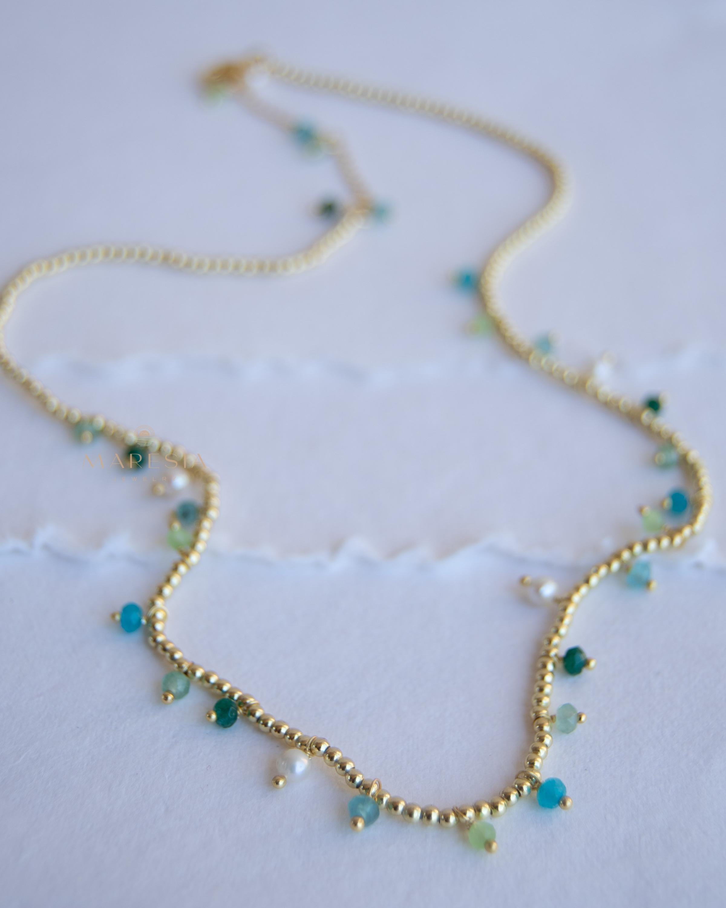 Light Green Jade, Emerald Jade, Pearl, Apatite jade, Prehnite jade & Neon apatite Necklace ~ Gold Plated 18k Bohemian ~Stackable MN198
