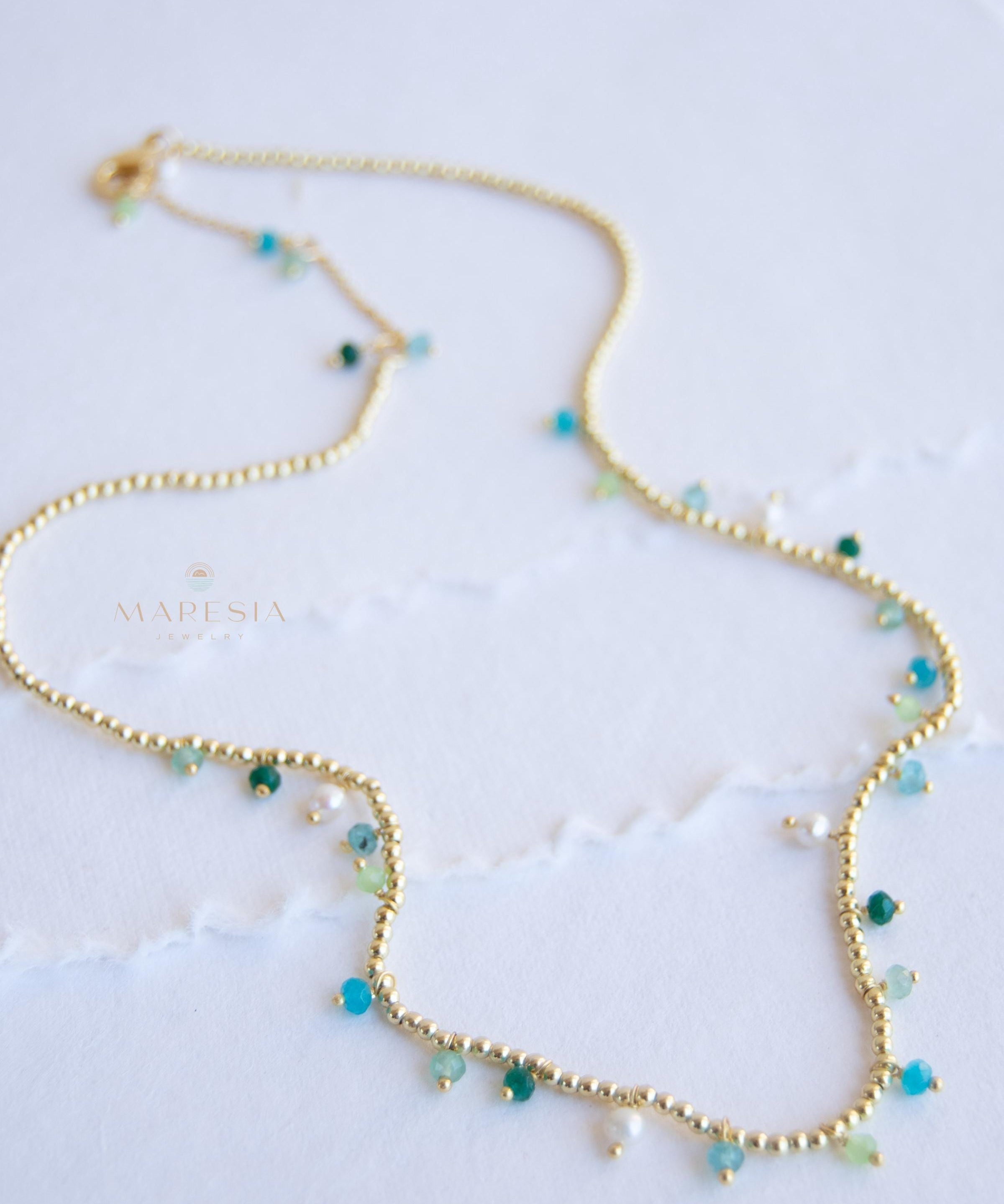 Light Green Jade, Emerald Jade, Pearl, Apatite jade, Prehnite jade & Neon apatite Necklace ~ Gold Plated 18k Bohemian ~Stackable MN198