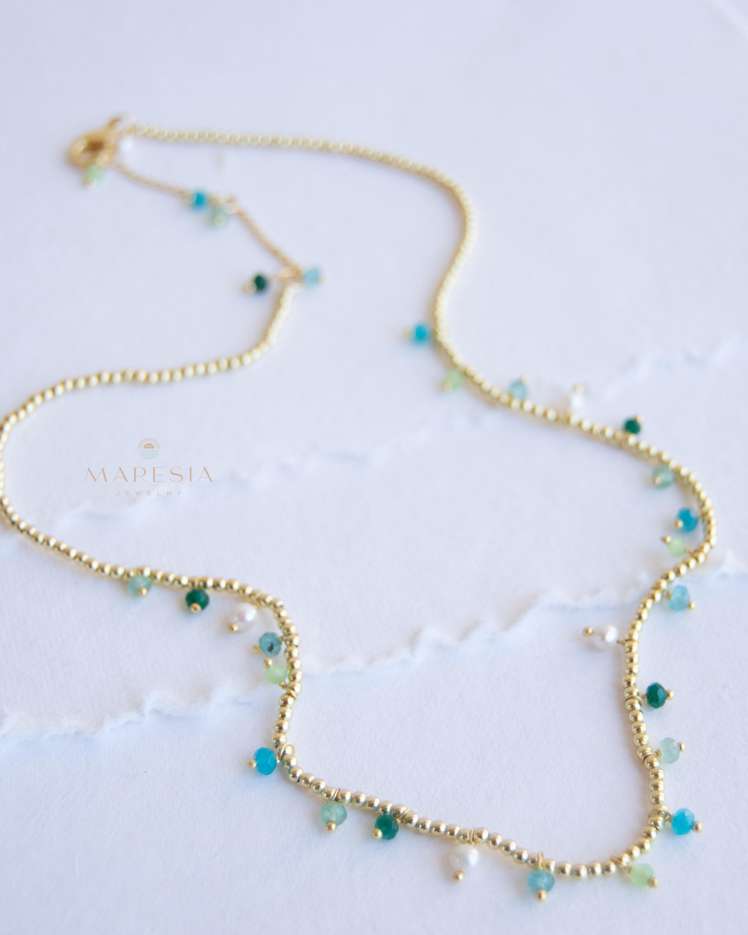 Light Green Jade, Emerald Jade, Pearl, Apatite jade, Prehnite jade & Neon apatite Necklace ~ Gold Plated 18k Bohemian ~Stackable MN198