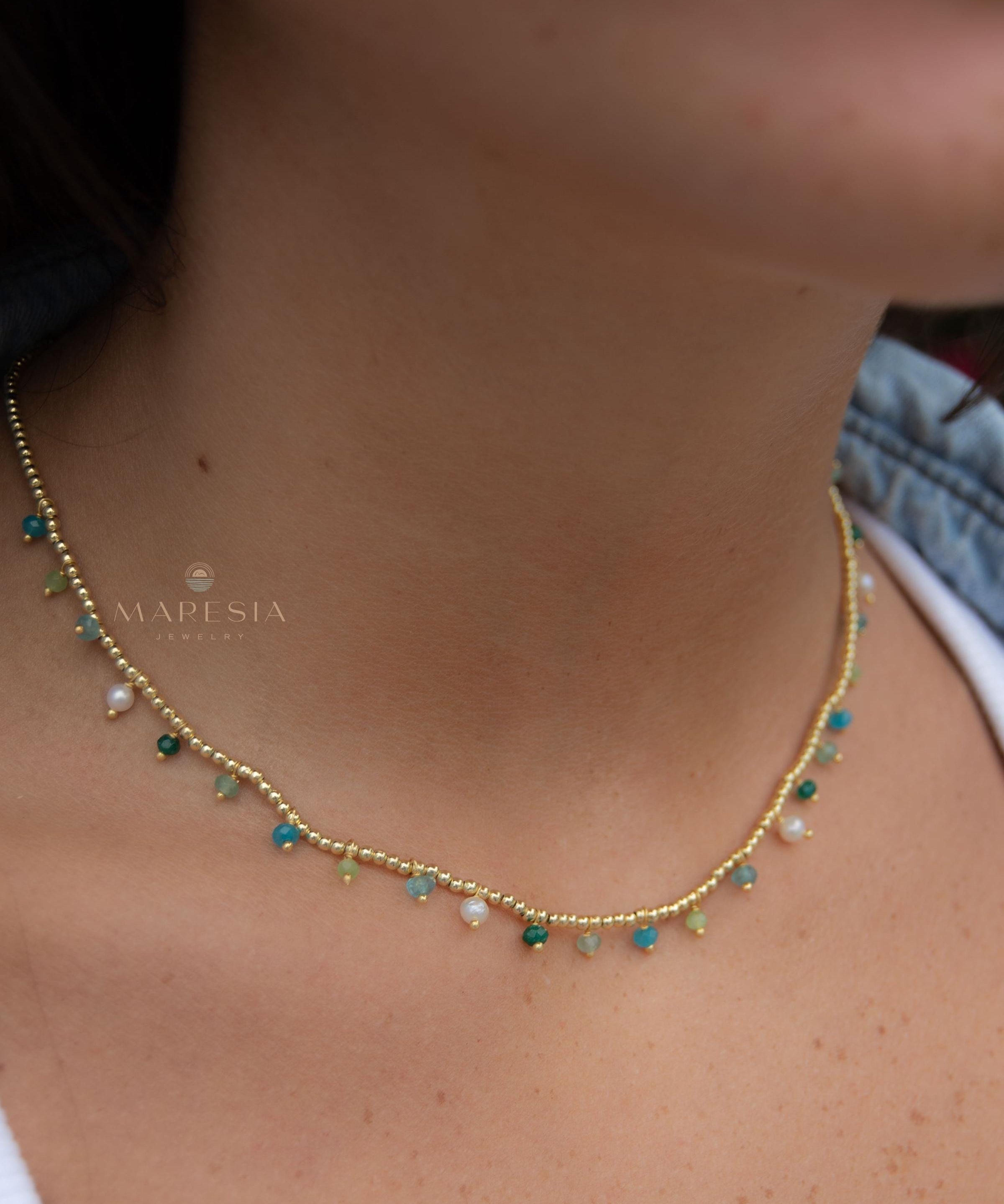 Light Green Jade, Emerald Jade, Pearl, Apatite jade, Prehnite jade & Neon apatite Necklace ~ Gold Plated 18k Bohemian ~Stackable MN198