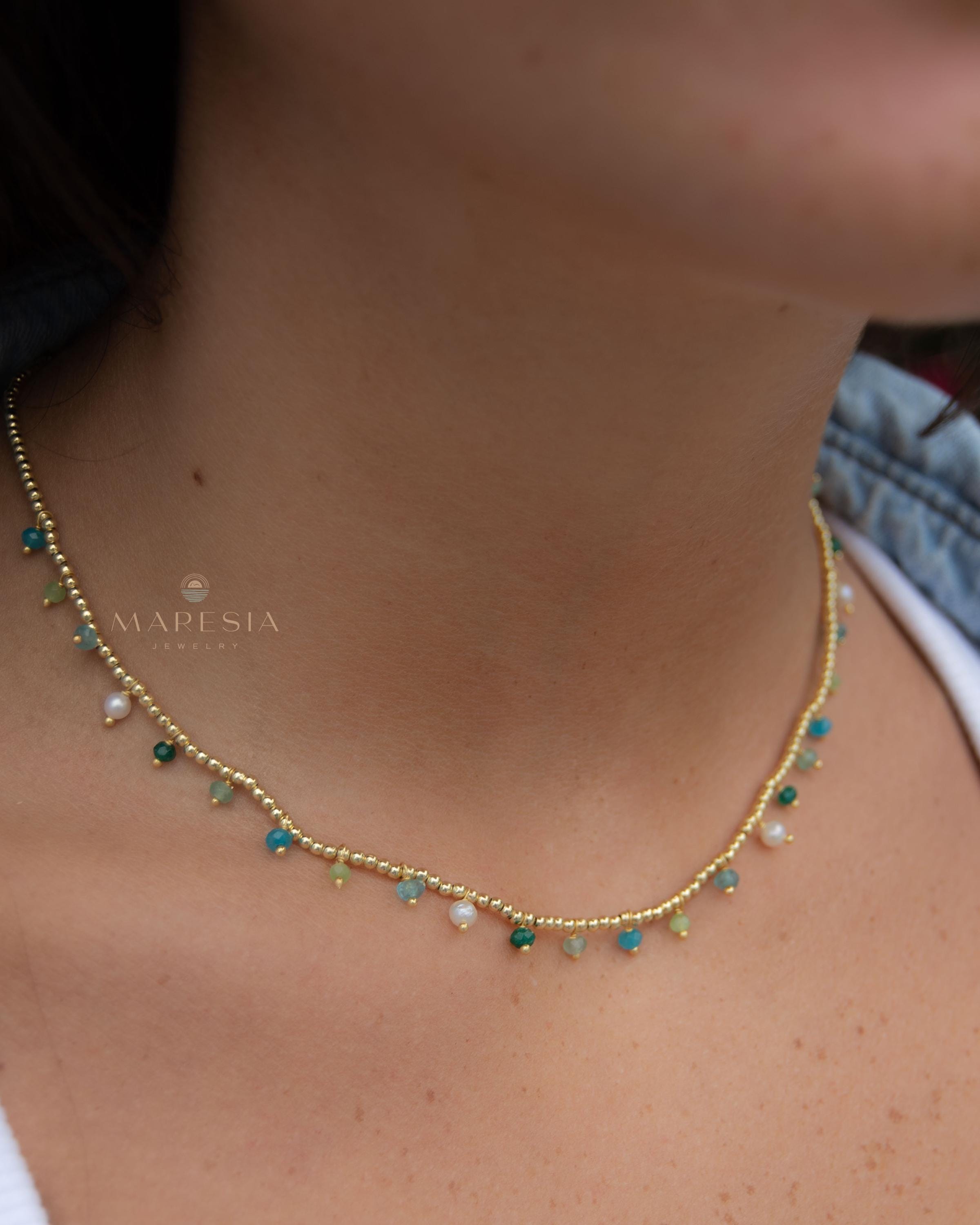 Light Green Jade, Emerald Jade, Pearl, Apatite jade, Prehnite jade & Neon apatite Necklace ~ Gold Plated 18k Bohemian ~Stackable MN198