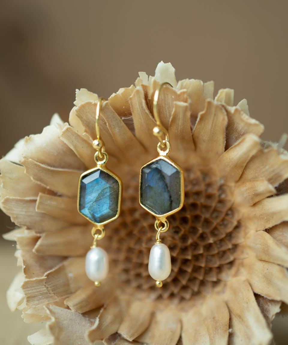 Labradorite & Fresh Water Pearl Tear Drop Earrings ~ Jewelry ~ 18k Gold Plated ~ Minimalist Everyday ~ Gift for Her ~ Boho ~ Hippie ~ ME087