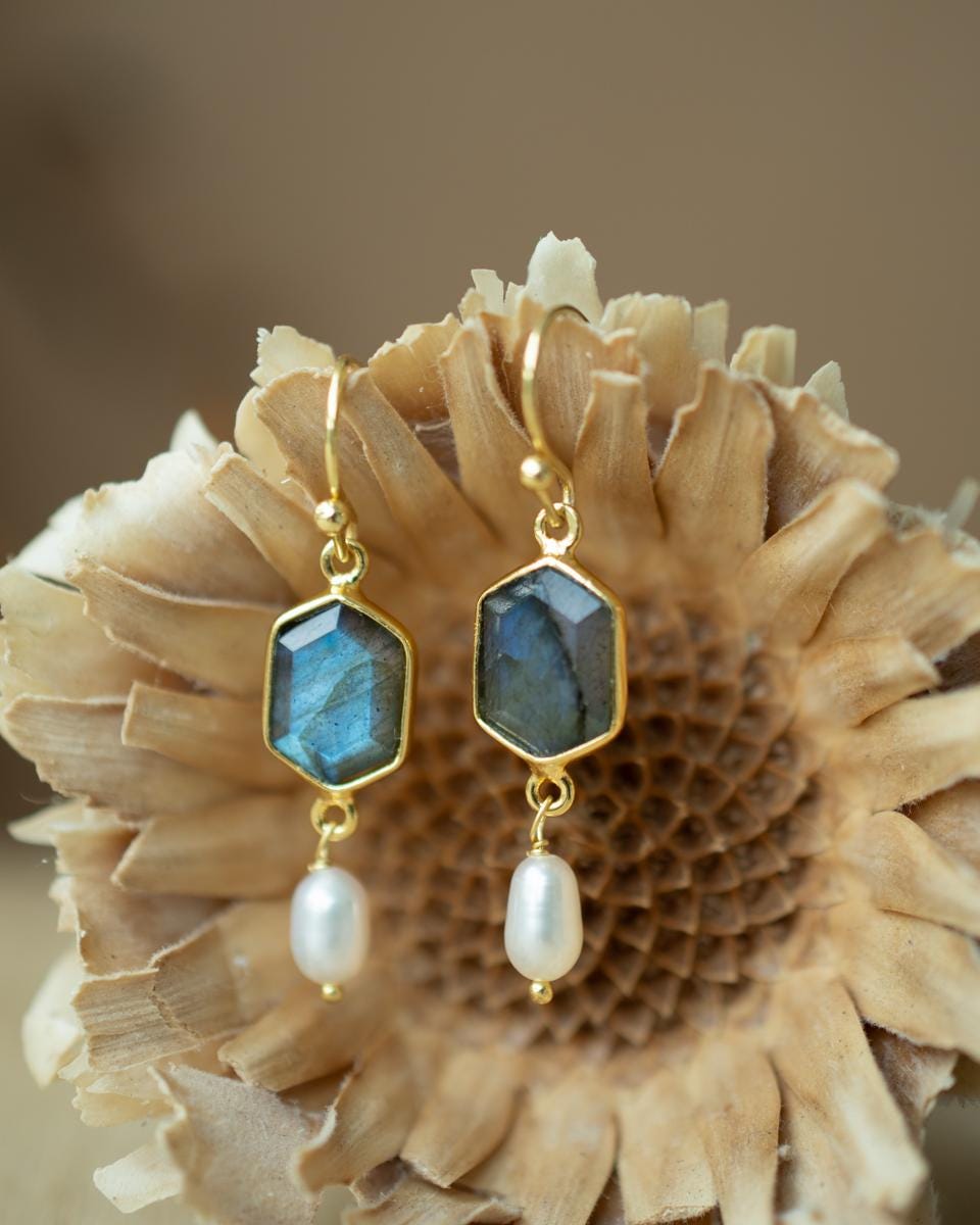 Labradorite & Fresh Water Pearl Tear Drop Earrings ~ Jewelry ~ 18k Gold Plated ~ Minimalist Everyday ~ Gift for Her ~ Boho ~ Hippie ~ ME087