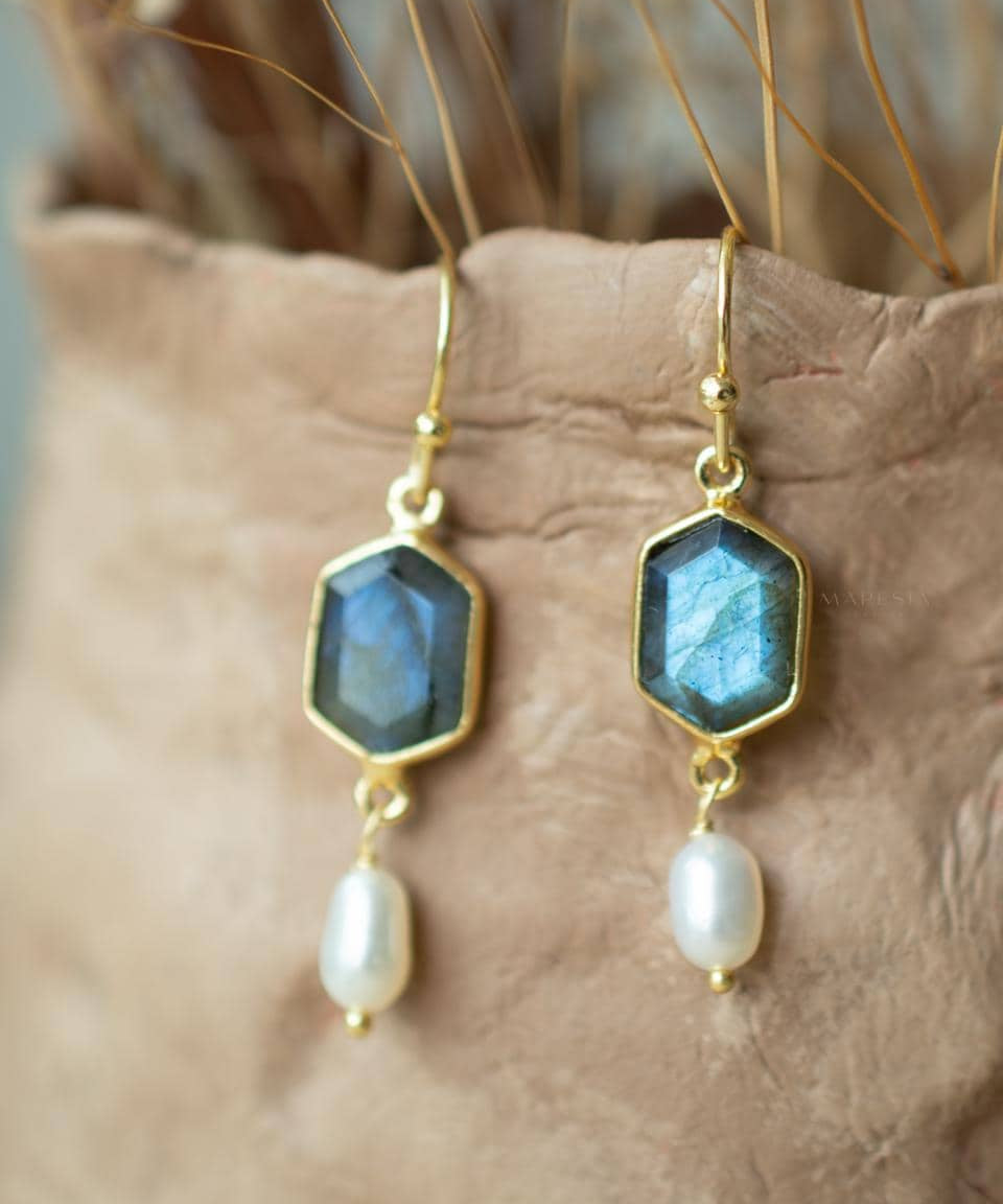Labradorite & Fresh Water Pearl Tear Drop Earrings ~ Jewelry ~ 18k Gold Plated ~ Minimalist Everyday ~ Gift for Her ~ Boho ~ Hippie ~ ME087