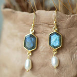 Labradorite & Fresh Water Pearl Tear Drop Earrings ~ Jewelry ~ 18k Gold Plated ~ Minimalist Everyday ~ Gift for Her ~ Boho ~ Hippie ~ ME087