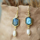 Labradorite & Fresh Water Pearl Tear Drop Earrings ~ Jewelry ~ 18k Gold Plated ~ Minimalist Everyday ~ Gift for Her ~ Boho ~ Hippie ~ ME087