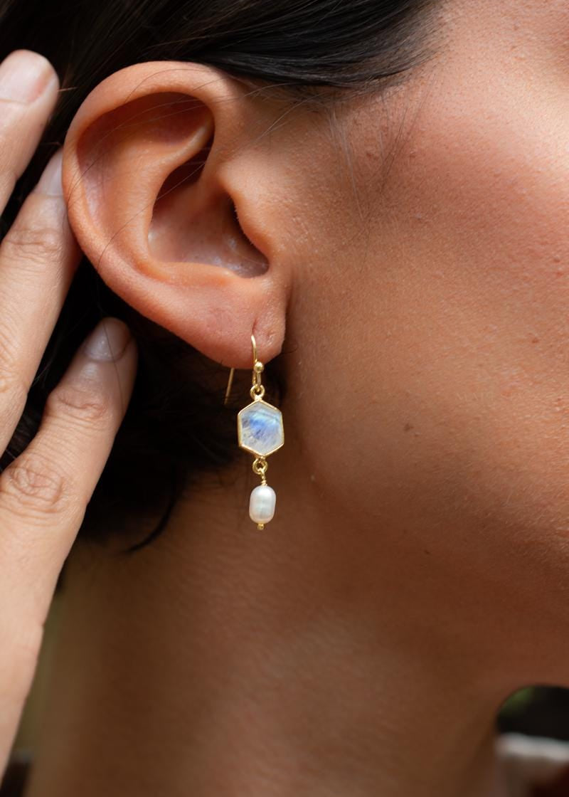 Moonstone & Fresh Water Pearl Tear Drop Earrings ~ Gold Plated ~Dangle ~ Jewelry ~ Organic ~ Everyday~ Delicate~ minimalist Boho ~ ME088
