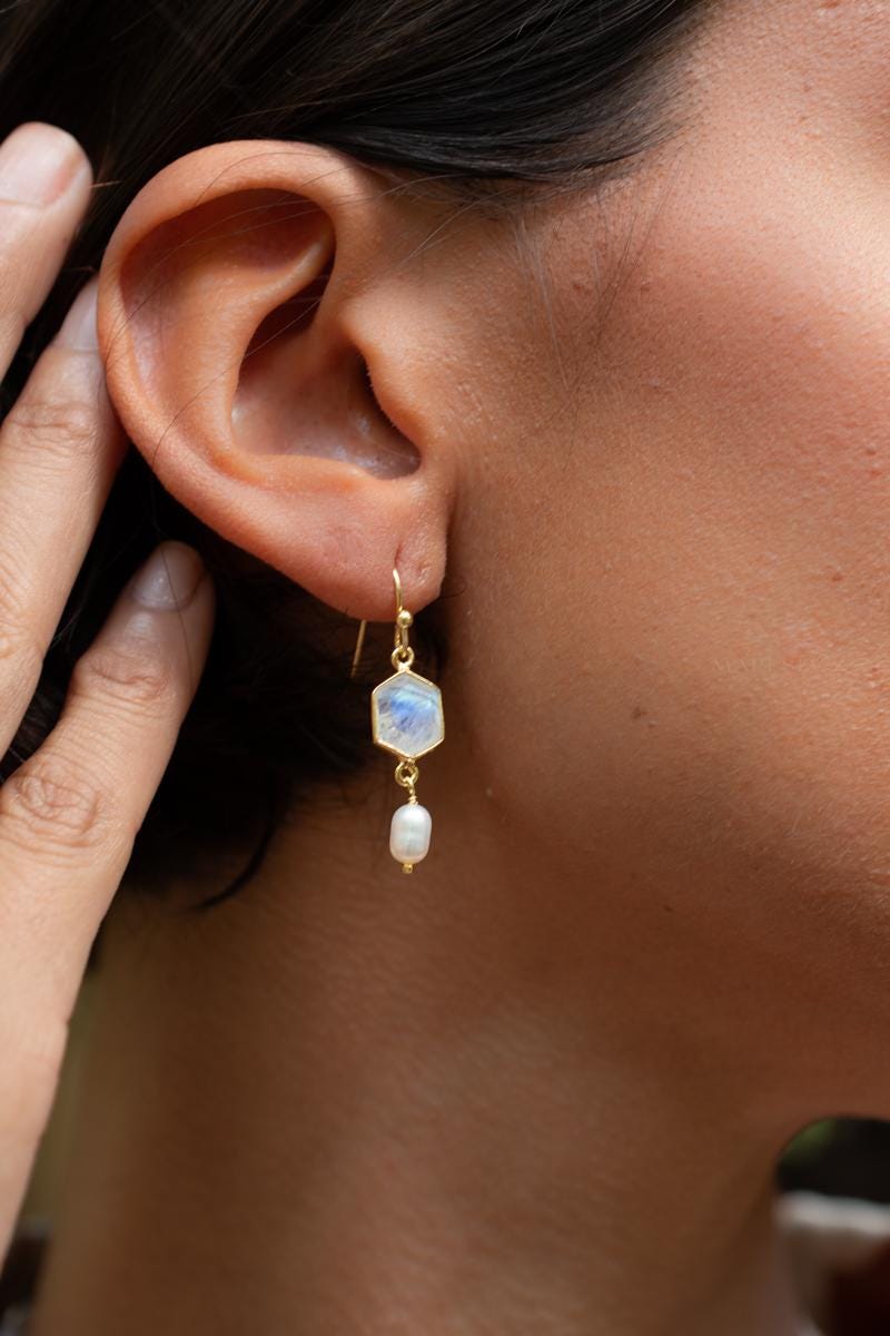 Moonstone & Fresh Water Pearl Tear Drop Earrings ~ Gold Plated ~Dangle ~ Jewelry ~ Organic ~ Everyday~ Delicate~ minimalist Boho ~ ME088