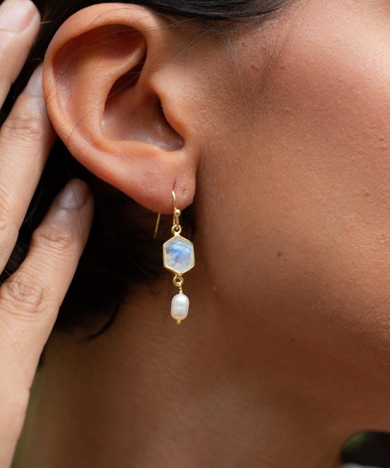 Moonstone & Fresh Water Pearl Tear Drop Earrings ~ Gold Plated ~Dangle ~ Jewelry ~ Organic ~ Everyday~ Delicate~ minimalist Boho ~ ME088