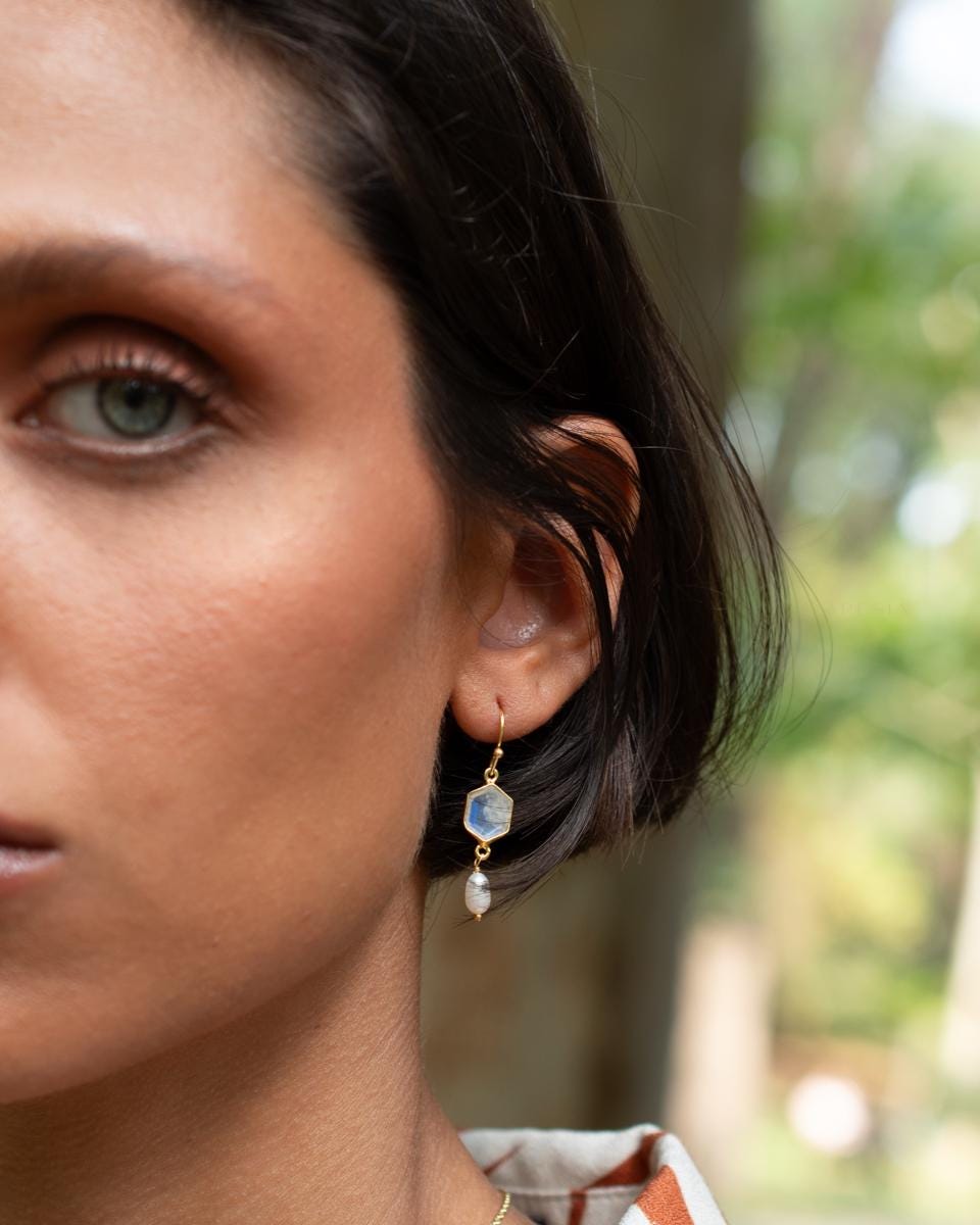 Moonstone & Fresh Water Pearl Tear Drop Earrings ~ Gold Plated ~Dangle ~ Jewelry ~ Organic ~ Everyday~ Delicate~ minimalist Boho ~ ME088