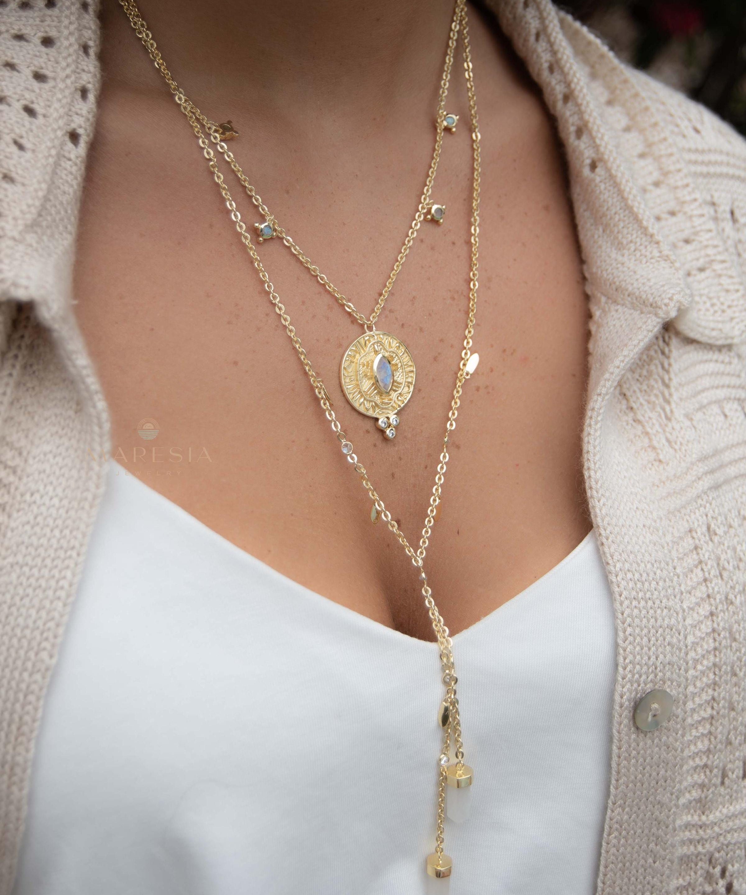 Moonstone, Labradorite & CZ Necklace ~ Charm ~ Gold plated 18k ~ Bohemian ~ Cubic zirconia ~ MN196