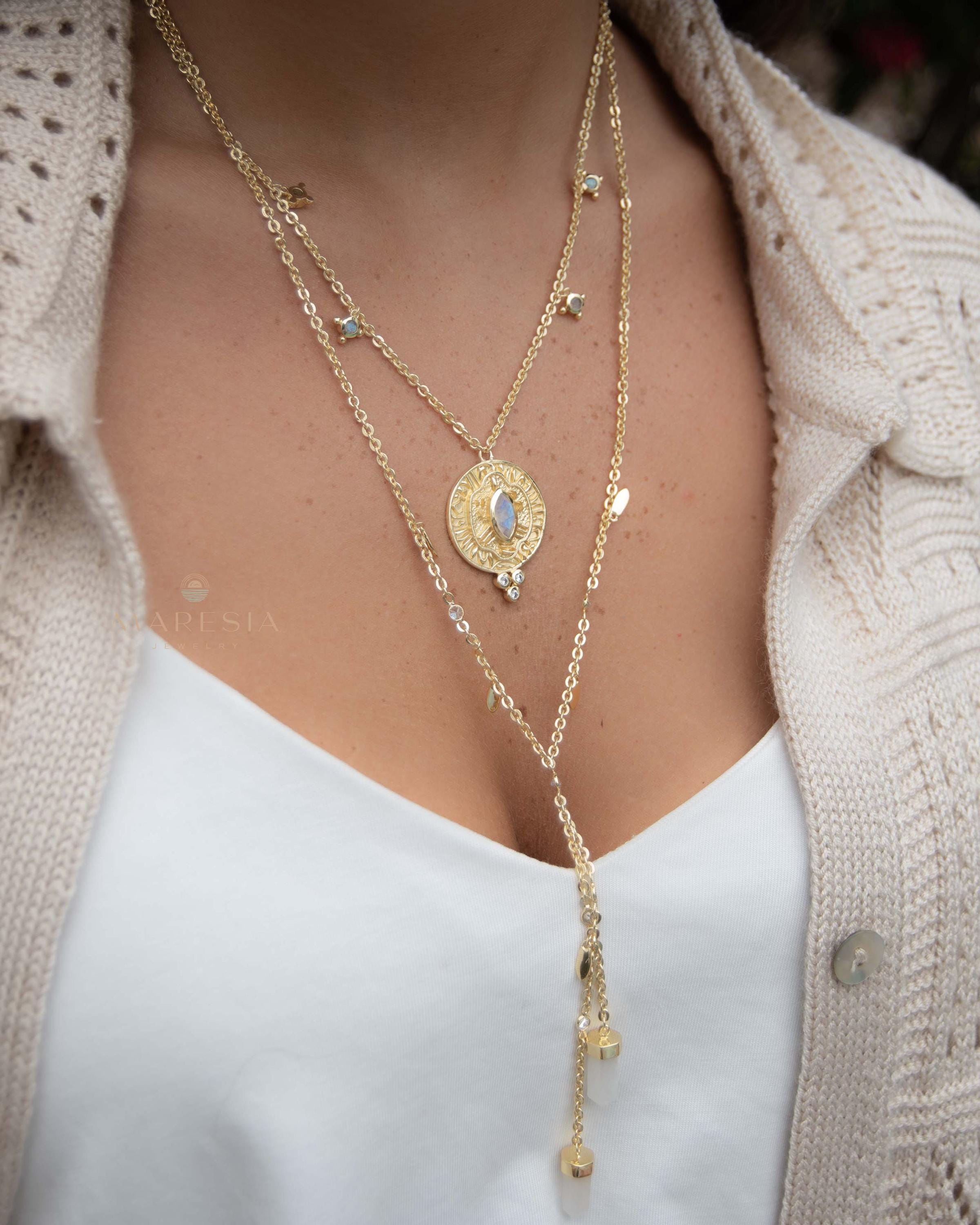 Moonstone, Labradorite & CZ Necklace ~ Charm ~ Gold plated 18k ~ Bohemian ~ Cubic zirconia ~ MN196