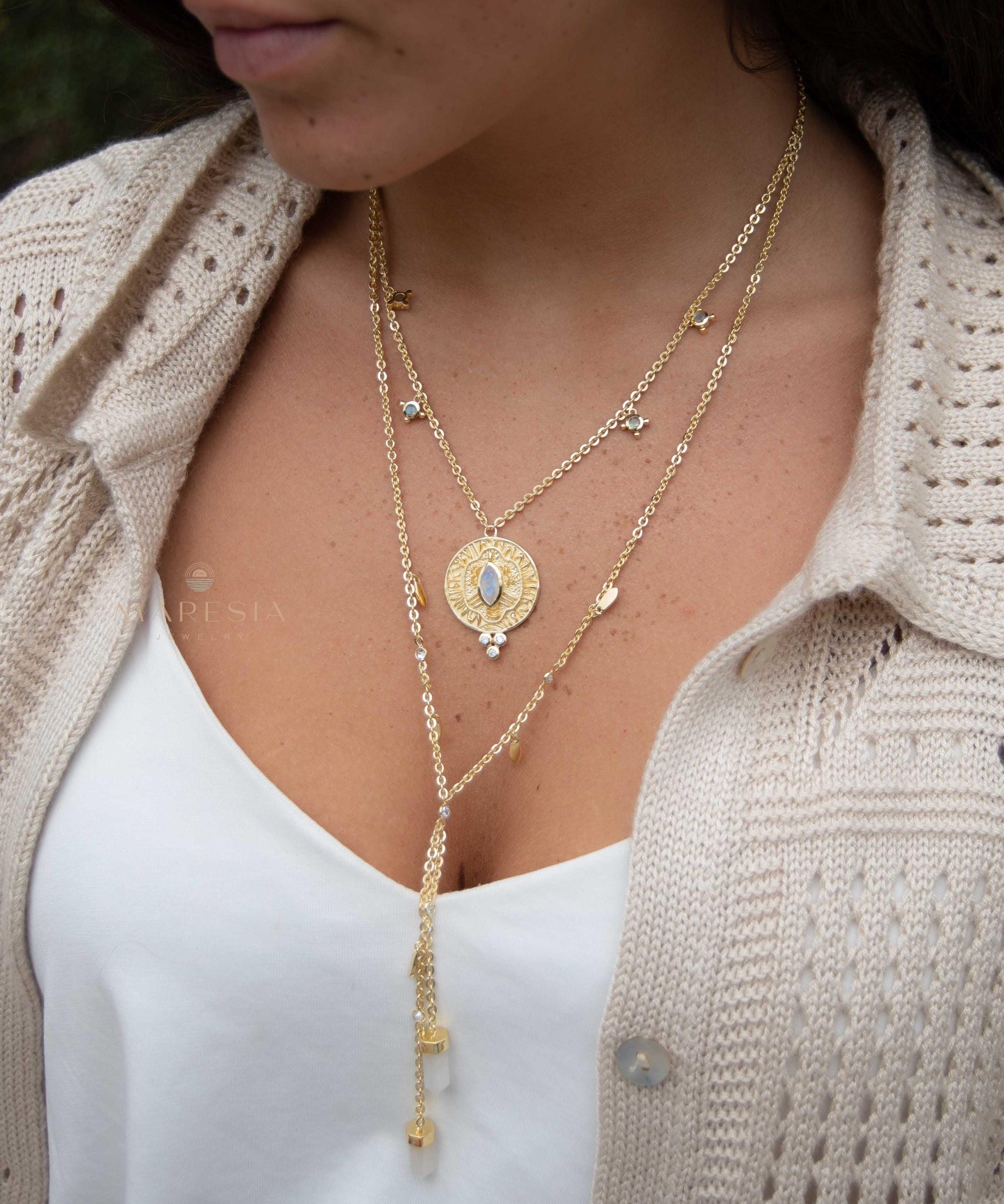 Moonstone, Labradorite & CZ Necklace ~ Charm ~ Gold plated 18k ~ Bohemian ~ Cubic zirconia ~ MN196
