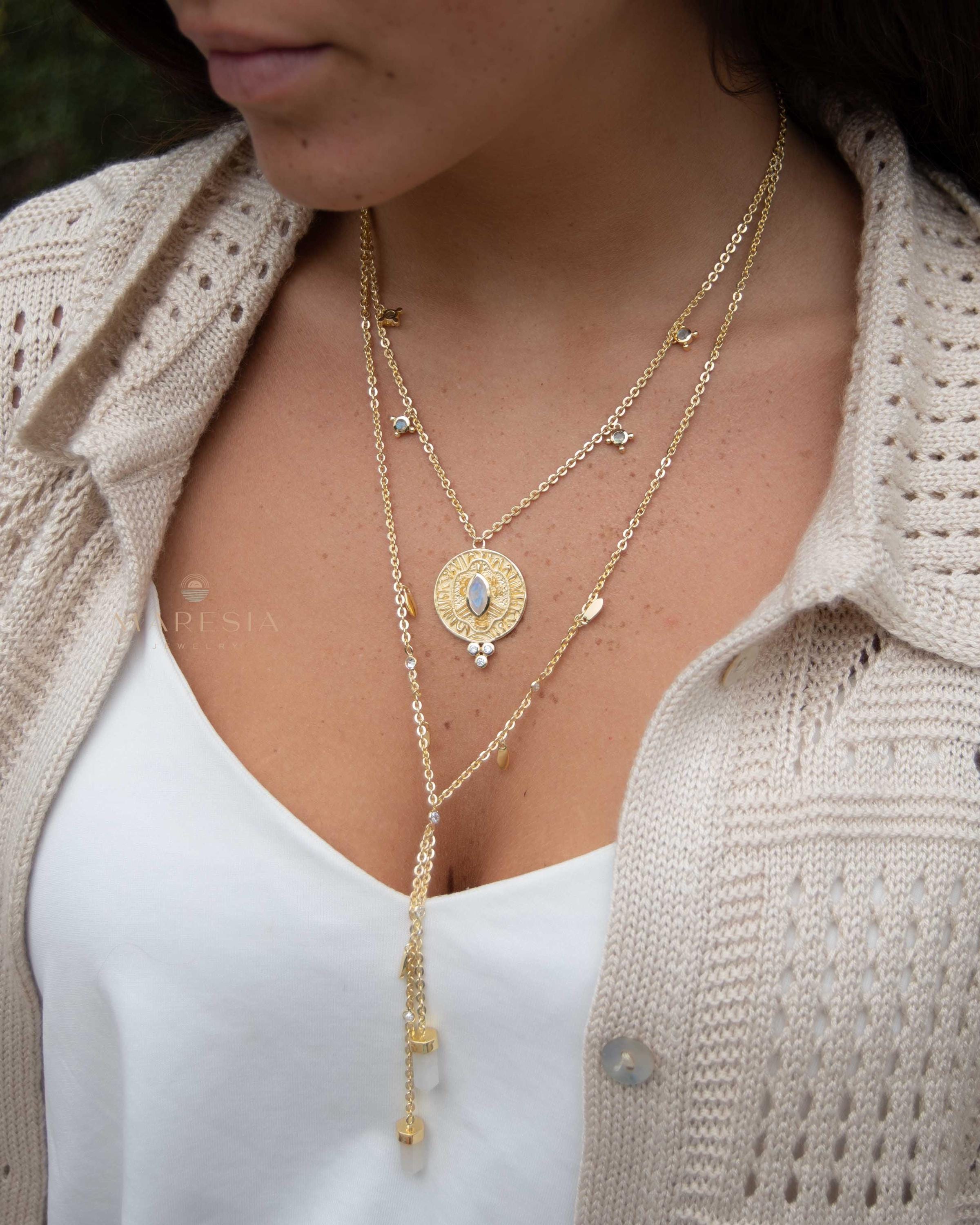 Moonstone, Labradorite & CZ Necklace ~ Charm ~ Gold plated 18k ~ Bohemian ~ Cubic zirconia ~ MN196