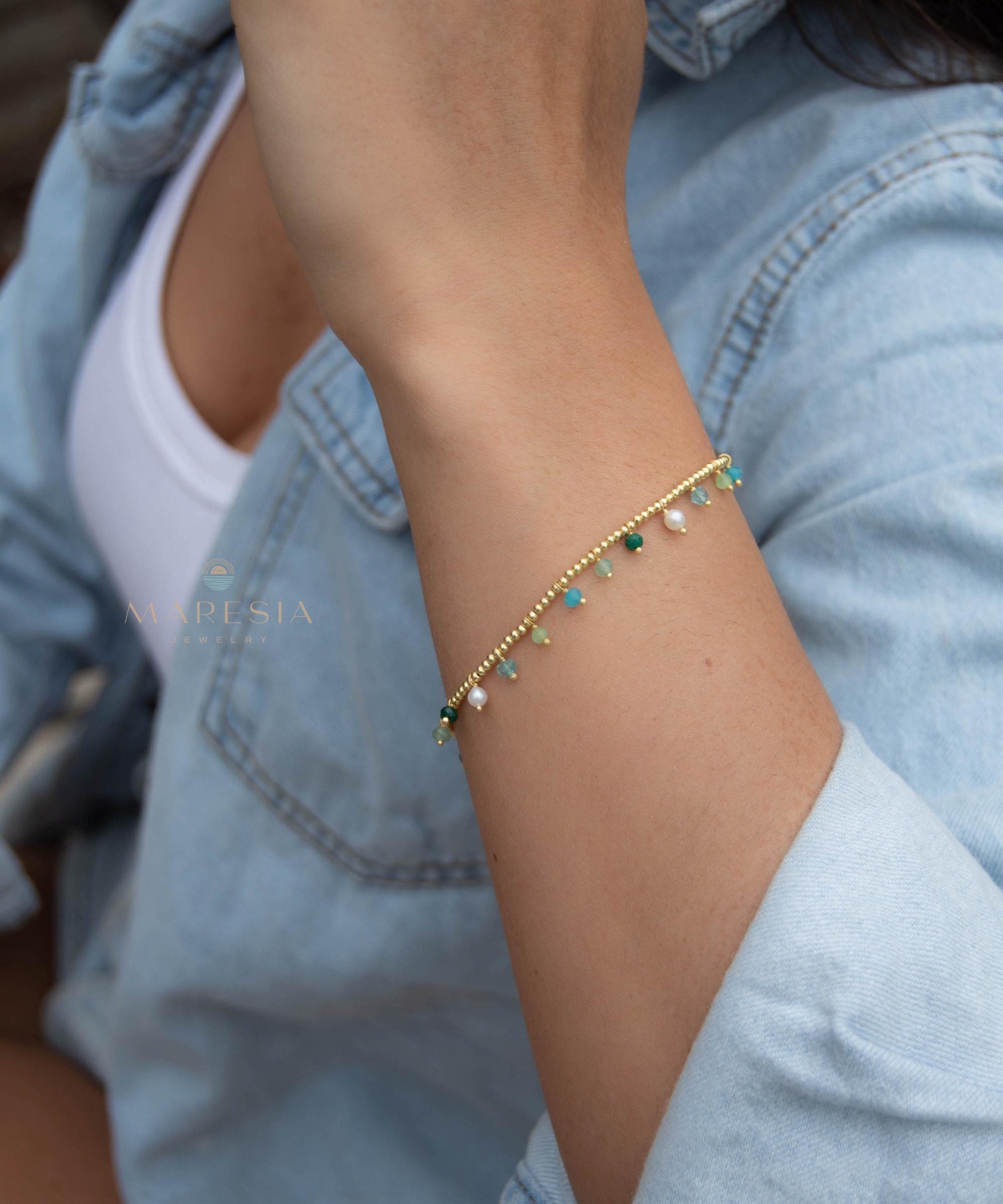 Light Green Jade, Emerald Jade, Pearl, Apatite jade, Prehnite jade & Neon apatite Bracelet ~ Gold Plated 18k Bohemian ~Stackable MB079
